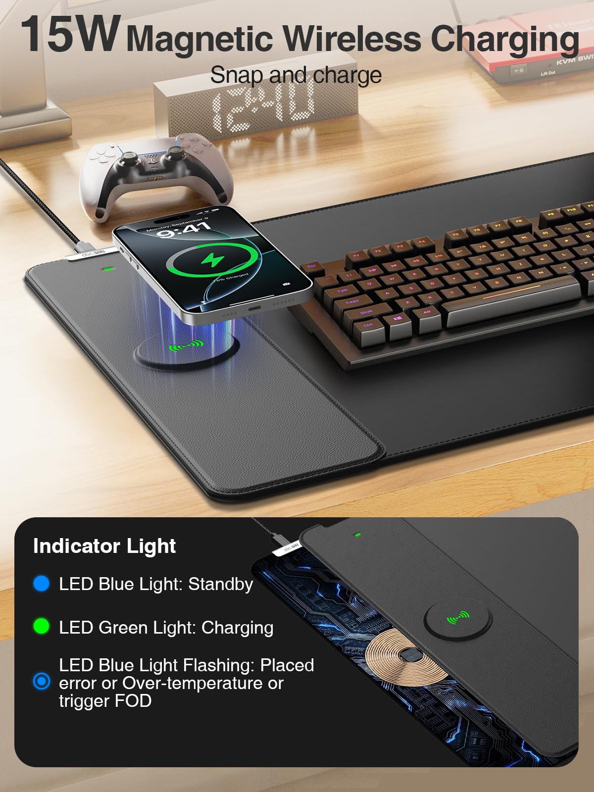 2-in-1 Mouse Pad with Magnetic Wireless Charging for Phone, 31.5"x15.8" Large, Waterproof Smooth Surface, Non-Slip Base, No Adapter, Black