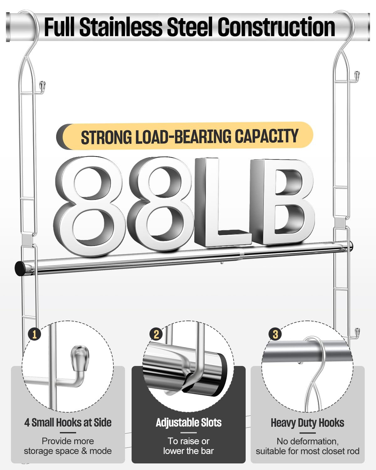 Supforce Hanging Closet Rod Stainless Steel, 2 Pack Adjustable Height & Width Closet Rod Extender, Space-Saving Closet Hanging Storage Organizer，Load up to 88LB