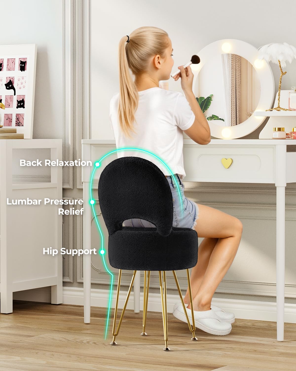GREENSTELL Small Vanity Stool Chair with Storage and Folding Back, 13" x 13" x 17.7" Faux Fur Soft Ottoman for Teenager, 4 Metal Legs with Anti-Slip Feet, Furry Padded Seat for Makeup, Bedroom, Black