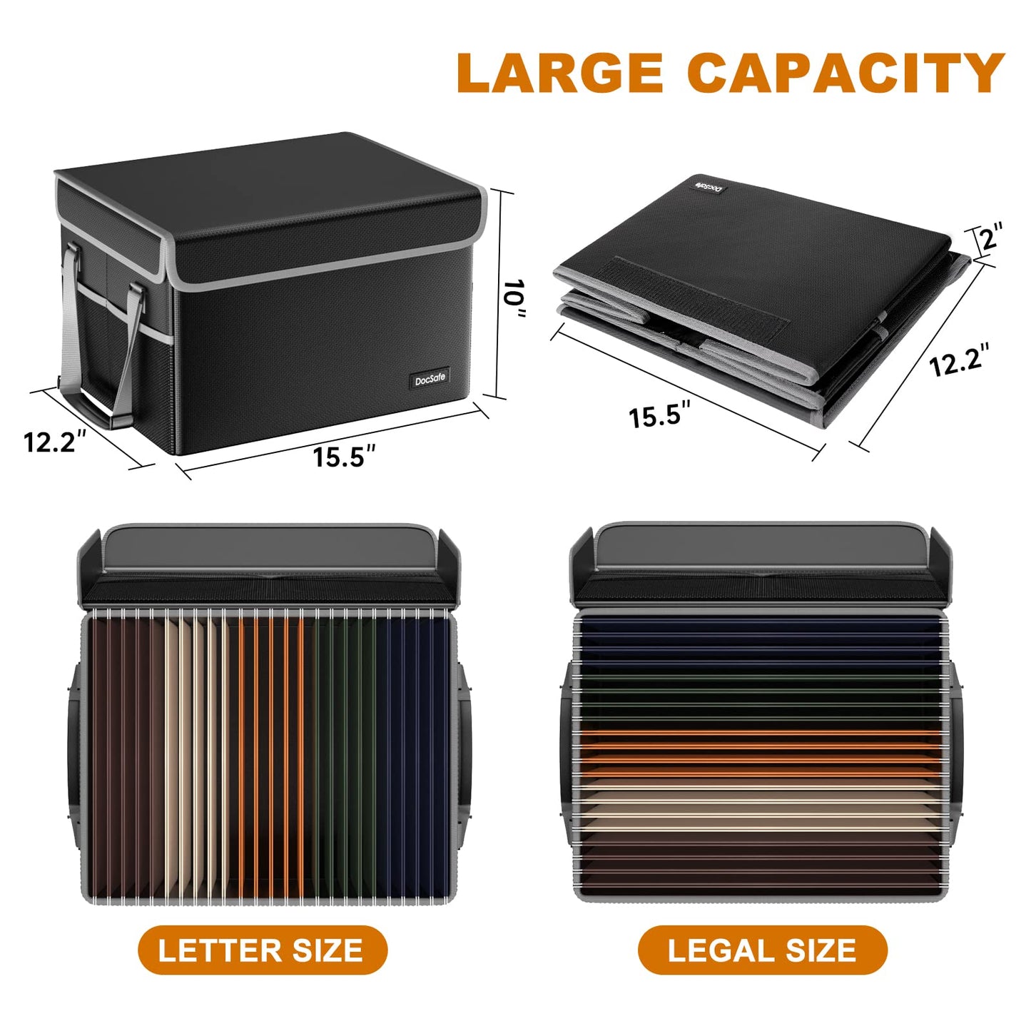 DocSafe File Box Fireproof File Storage Organizer with Lid,Collapsible Document Storage Filing Case for Hanging Letter/Legal Folders,Portable Home Office Safe Cabinet with Handle,Black,2 Pack