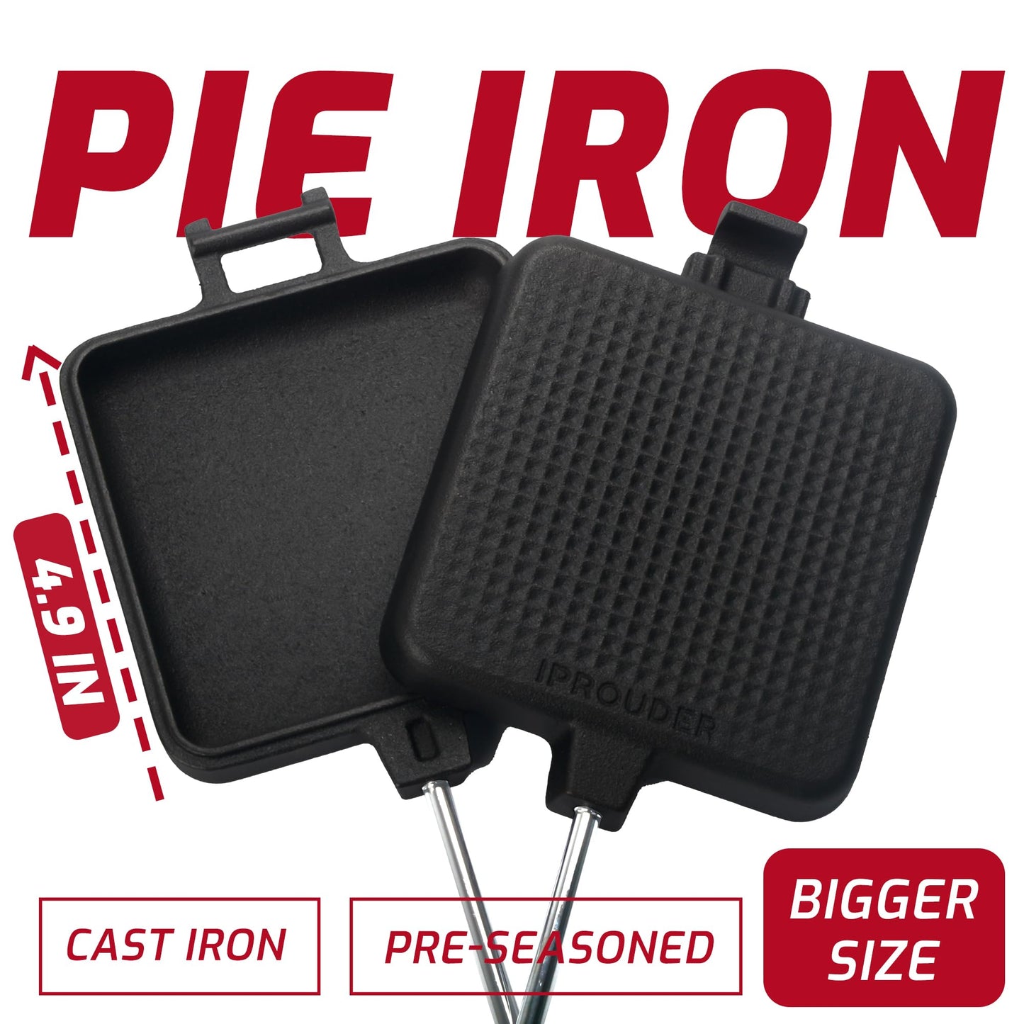 IPROUDER Campfire Pie Iron 4.9" Large Cast Iron Sandwich Maker for Camping 2 Pcs with Storage Bag - 22.6 inch Thickened Handles - Campfire Cooking Equipment for Grilling & Outdoor Cooking