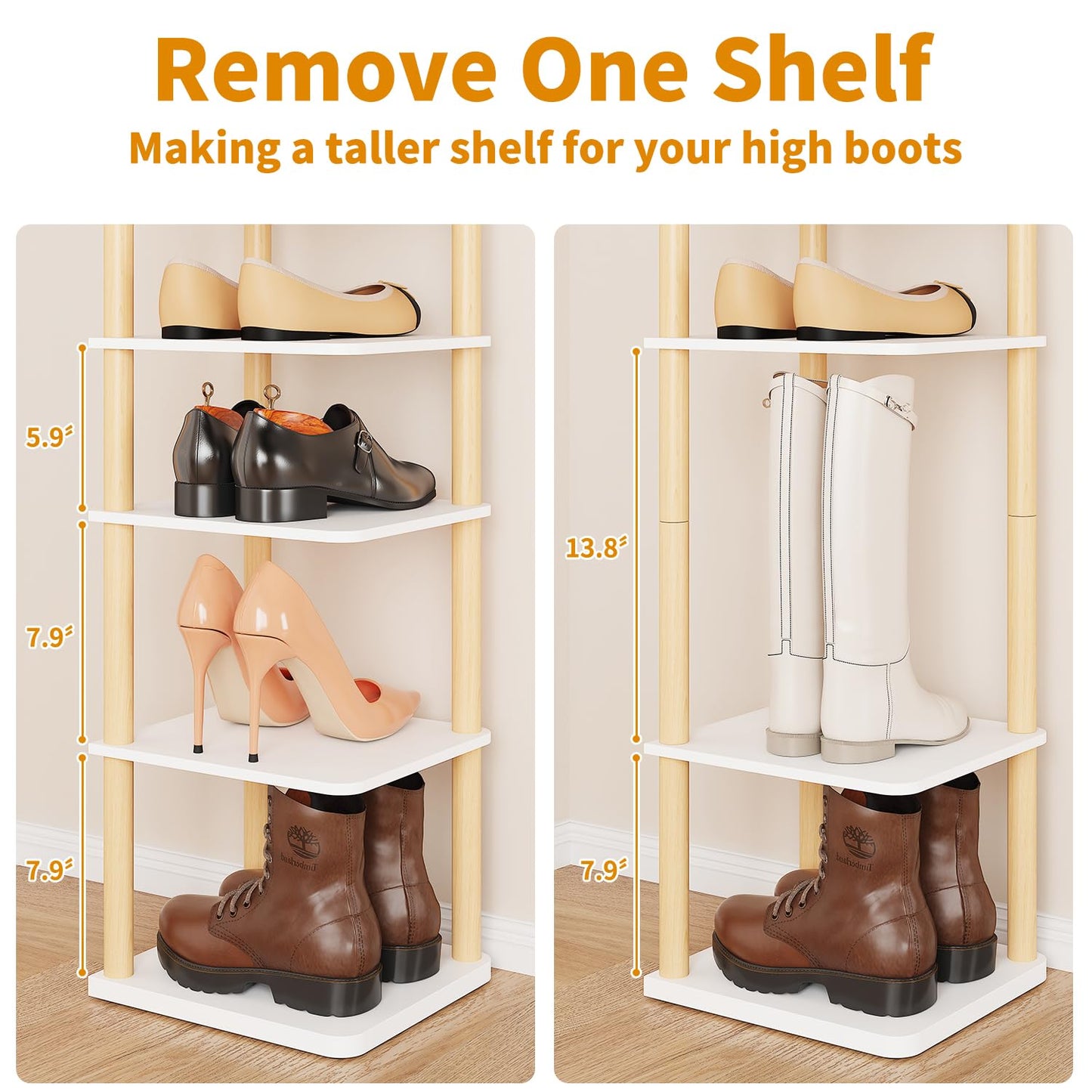 LUCKNOCK Vertical Shoe Rack, 8-Tier Tall Narrow Shoe Organizer for Entryway, Closet, Dorm & Small Spaces, Freestanding Wooden Shoe Shelf Tower for Boots, Sneakers, Heels. (White)
