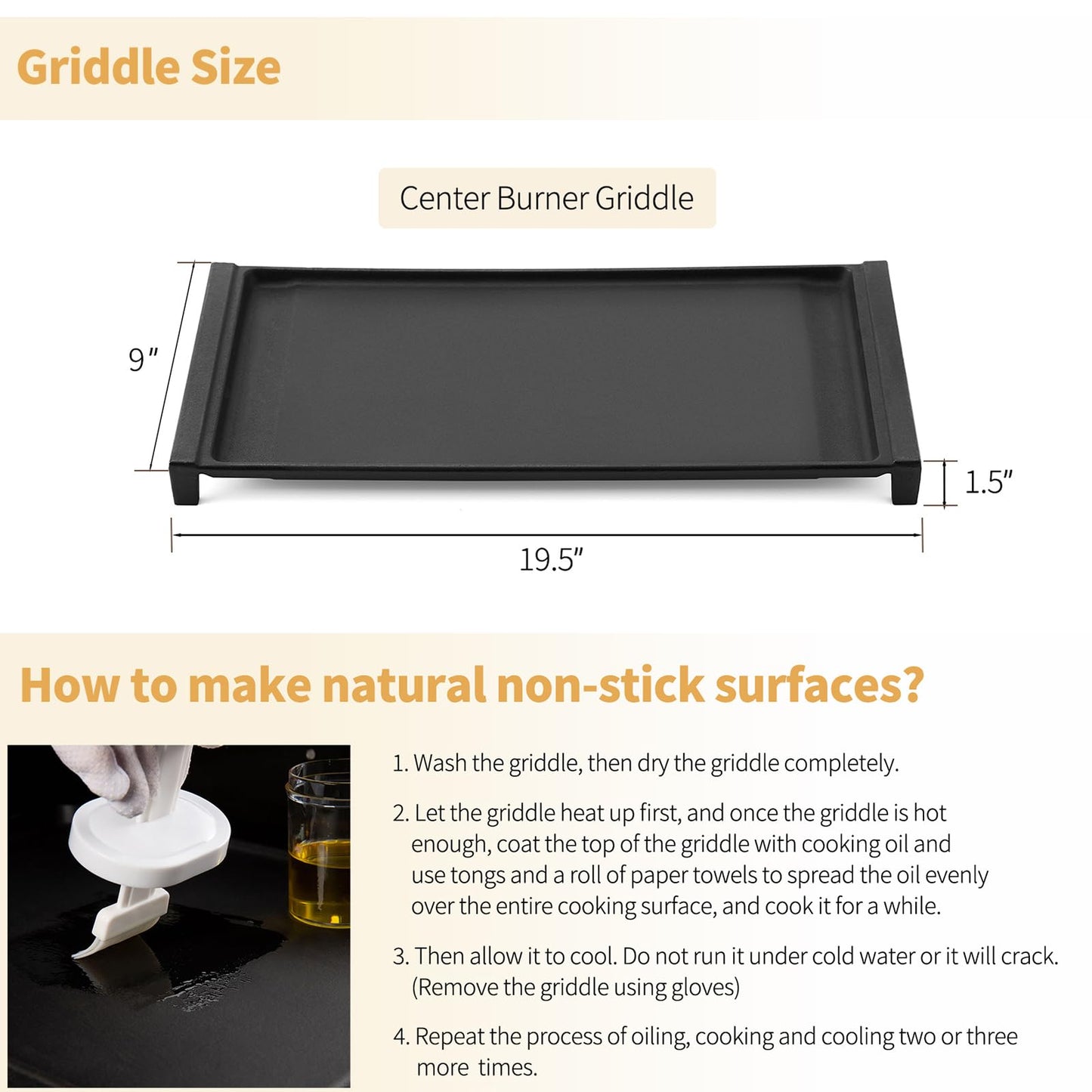 Allstare WB31X24738 Cast Iron Griddle Replacement Parts for GE Gas Stove Parts WB31X49806 Center Griddle Plate Adora 19.5" x 9" General Electric Gas Range Stove Top Griddle GE Cooktop Flat Top Pan