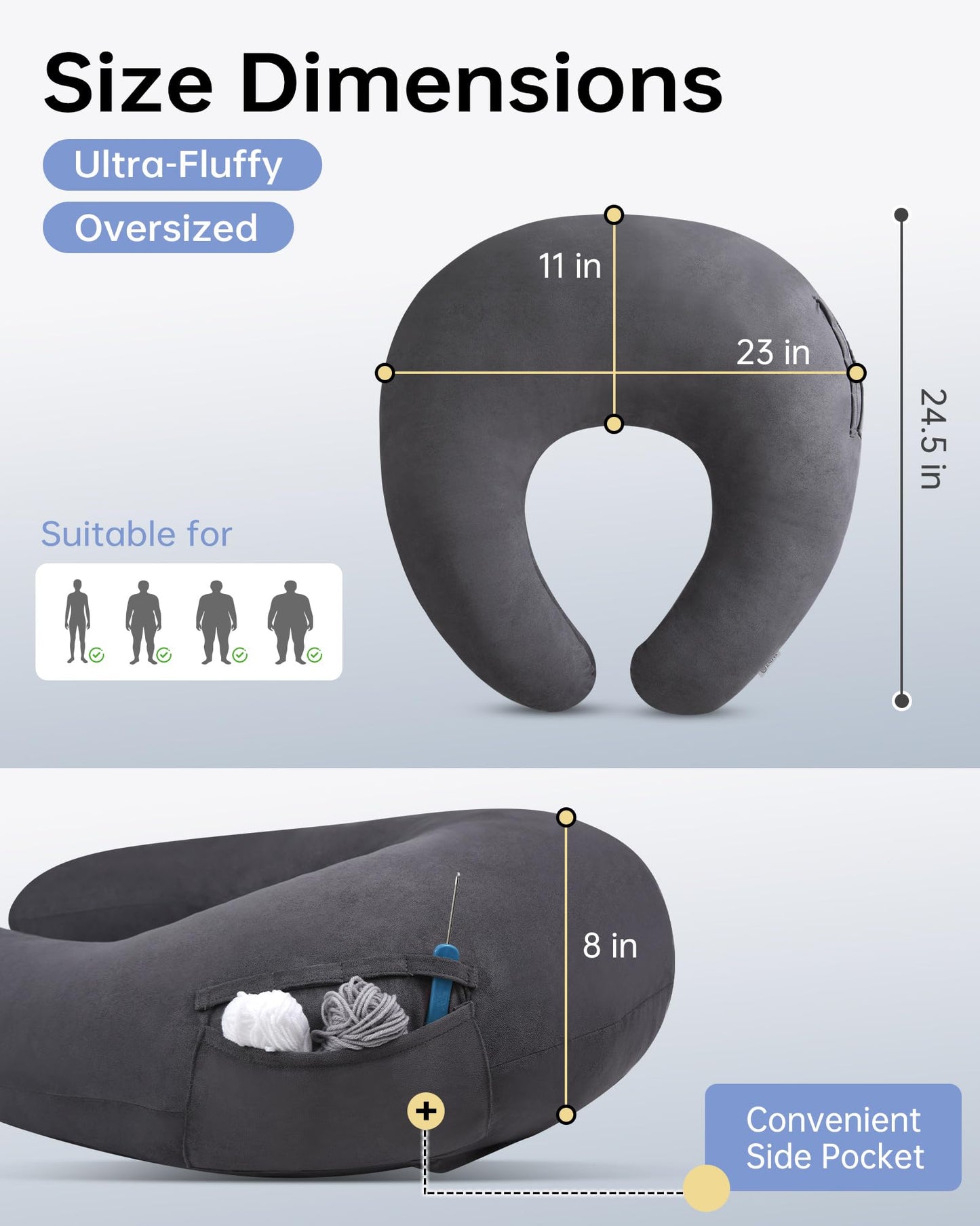 ENITYA Extra Large Ergonomic Gaming & Reading Pillow with Arm & Elbow Support,U-Shaped Lap Pillow for Crocheting,Knitting,Nursing,Working,or Sitting in Bed or Sofa,Washable Suede Cover (Grey)