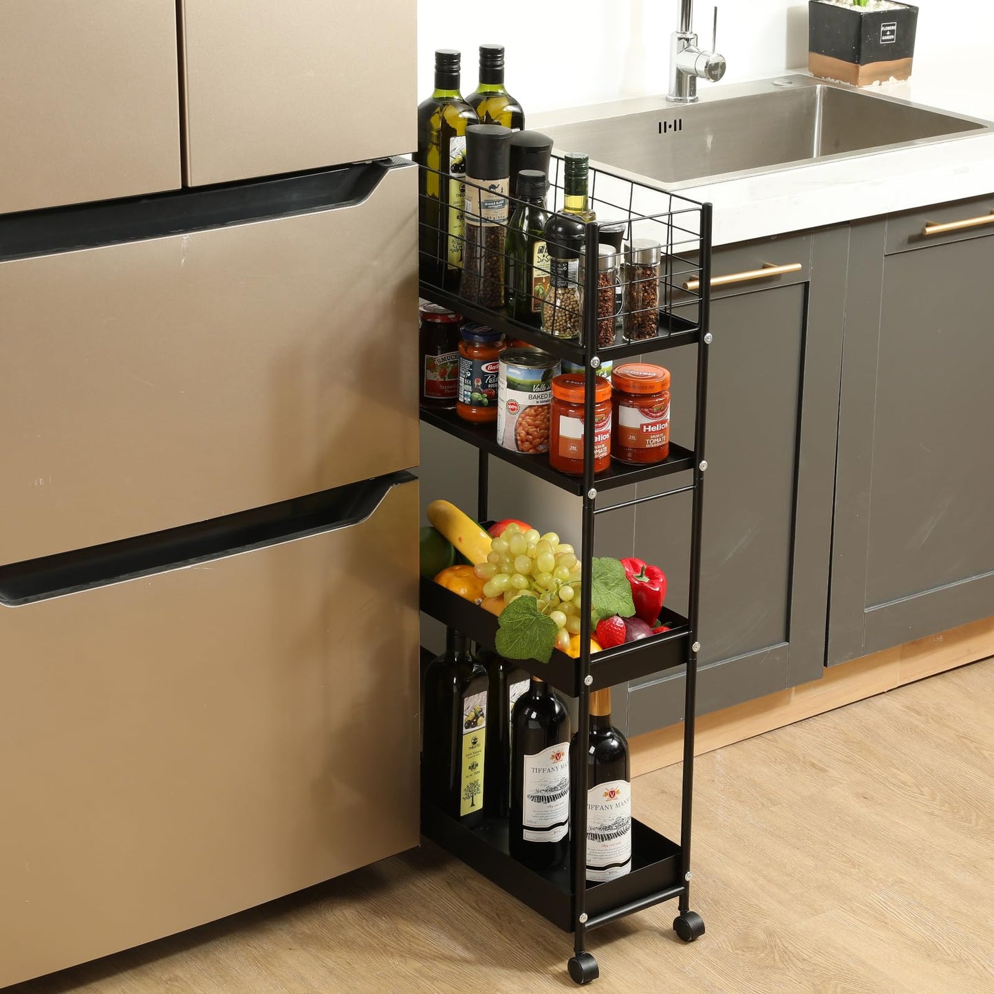 KINGRACK Slim Rolling Storage Cart 4 Tier - Heavy Duty Metal Utility Cart with Raised Edge & Wheels, Narrow Mobile Organizer Shelves for Bathroom, Kitchen, Laundry, Office, Living Room, Black