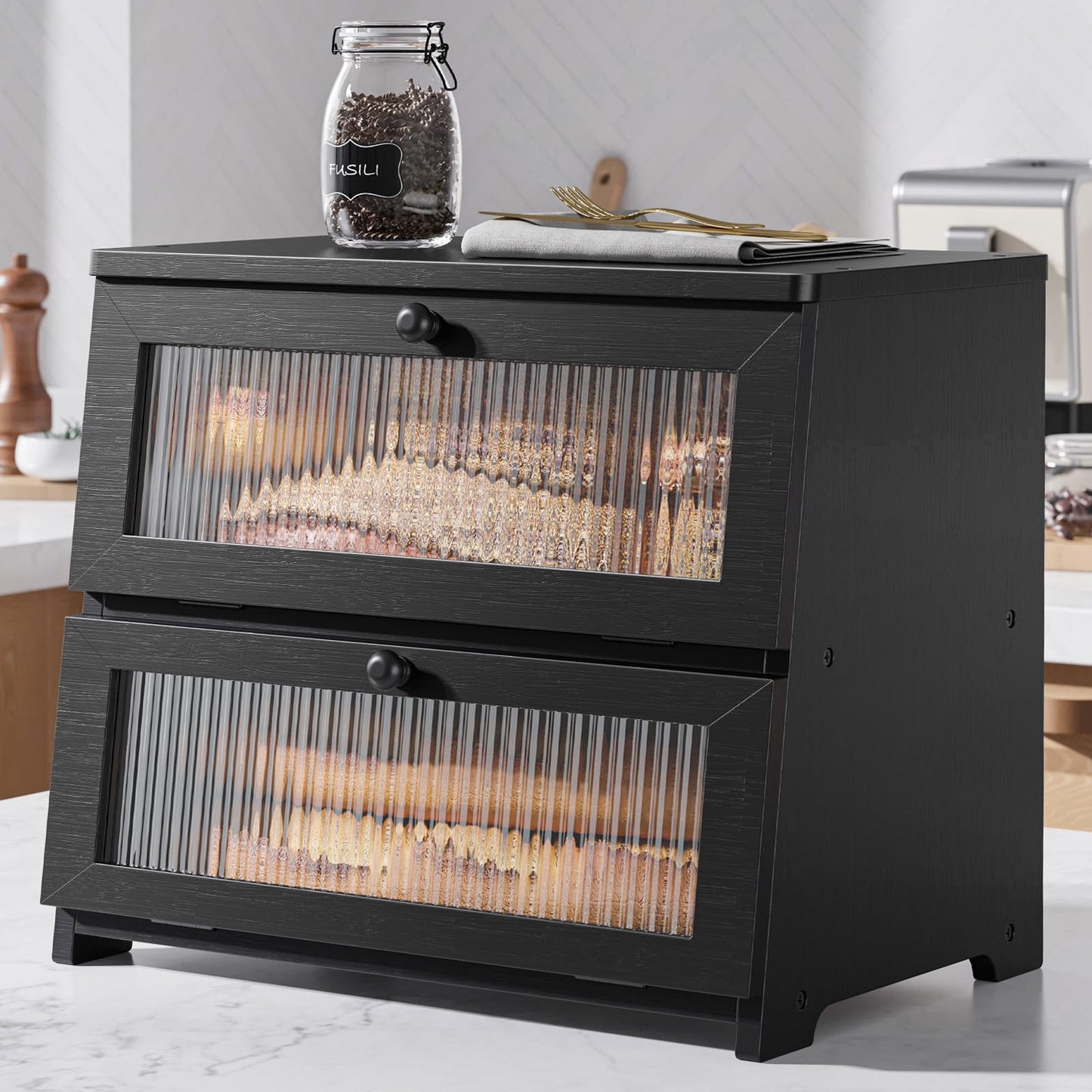 Kitsure Bread Box - Wooden Bread Box for Kitchen Countertop, Large Capacity Kitchen Countertop Organizer, Stylish Bread Storage with Window, Multi-functional Container, Black, 15.0"x13.0"x9.1" (2T)