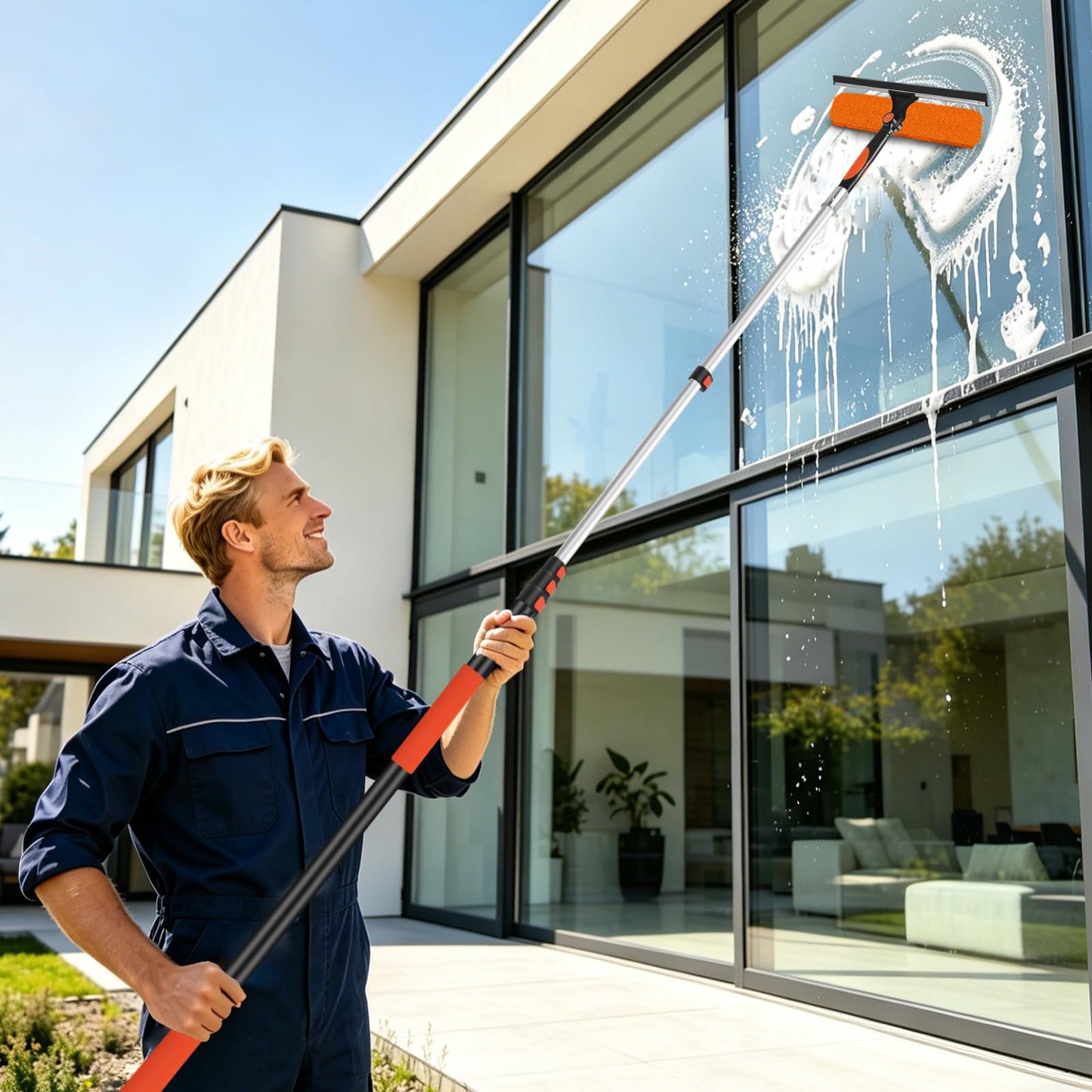 Jhkopqe 26FT Telescoping Window Squeegee Kit | 2-in-1 Professional Window Washer & Microfiber Scrubber with Extension Pole | High Reach Cleaning Tool for Outdoor, Indoor Windows & Glass