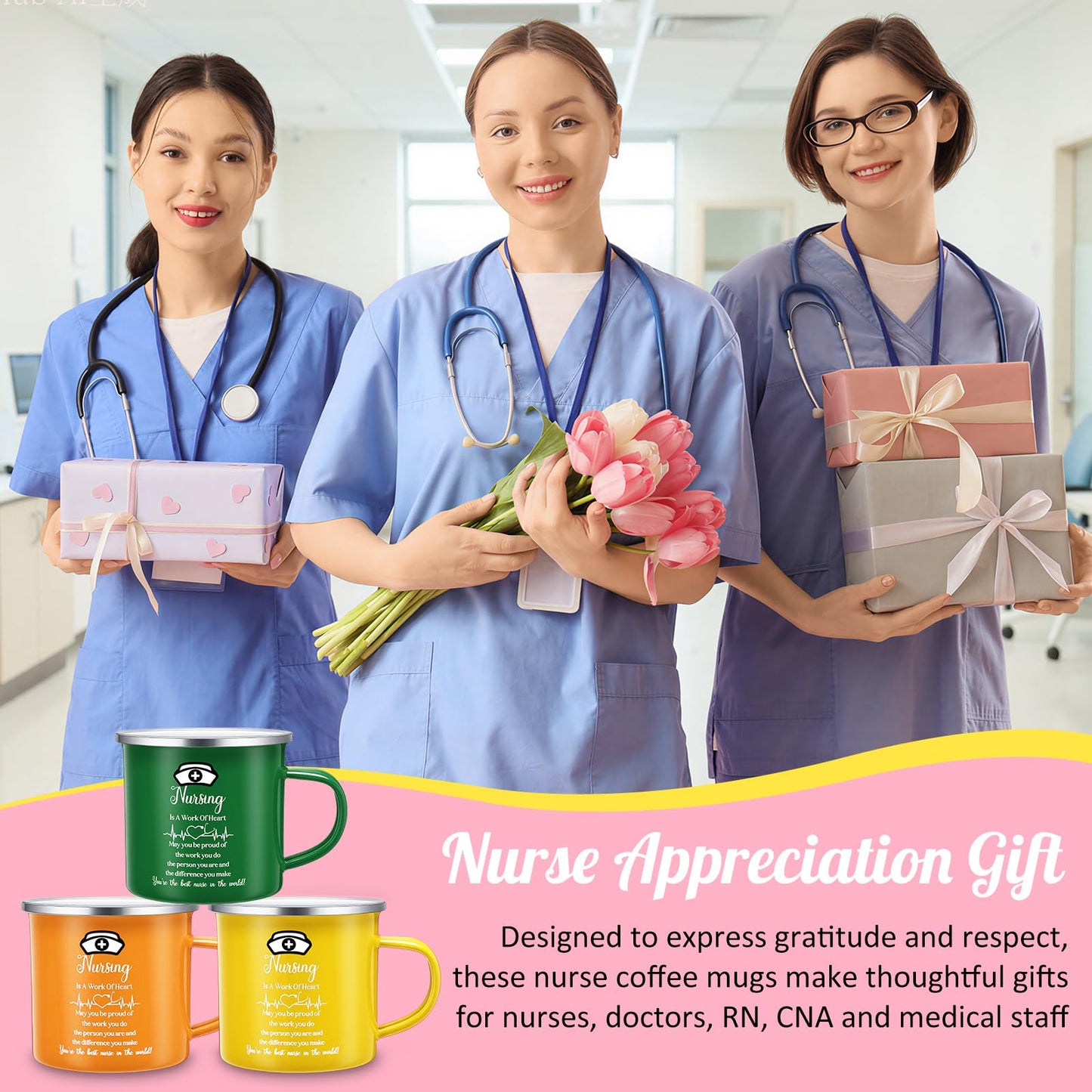 SiliFine 24 Pcs Nurse Appreciation Gifts 2026 Nurse Appreciation Cup Bulk 12 oz Enamel Nursing Coffee Mugs with Handle for Nurse's Day Women Doctor Assistant Graduation Rn Thank You Week Gift