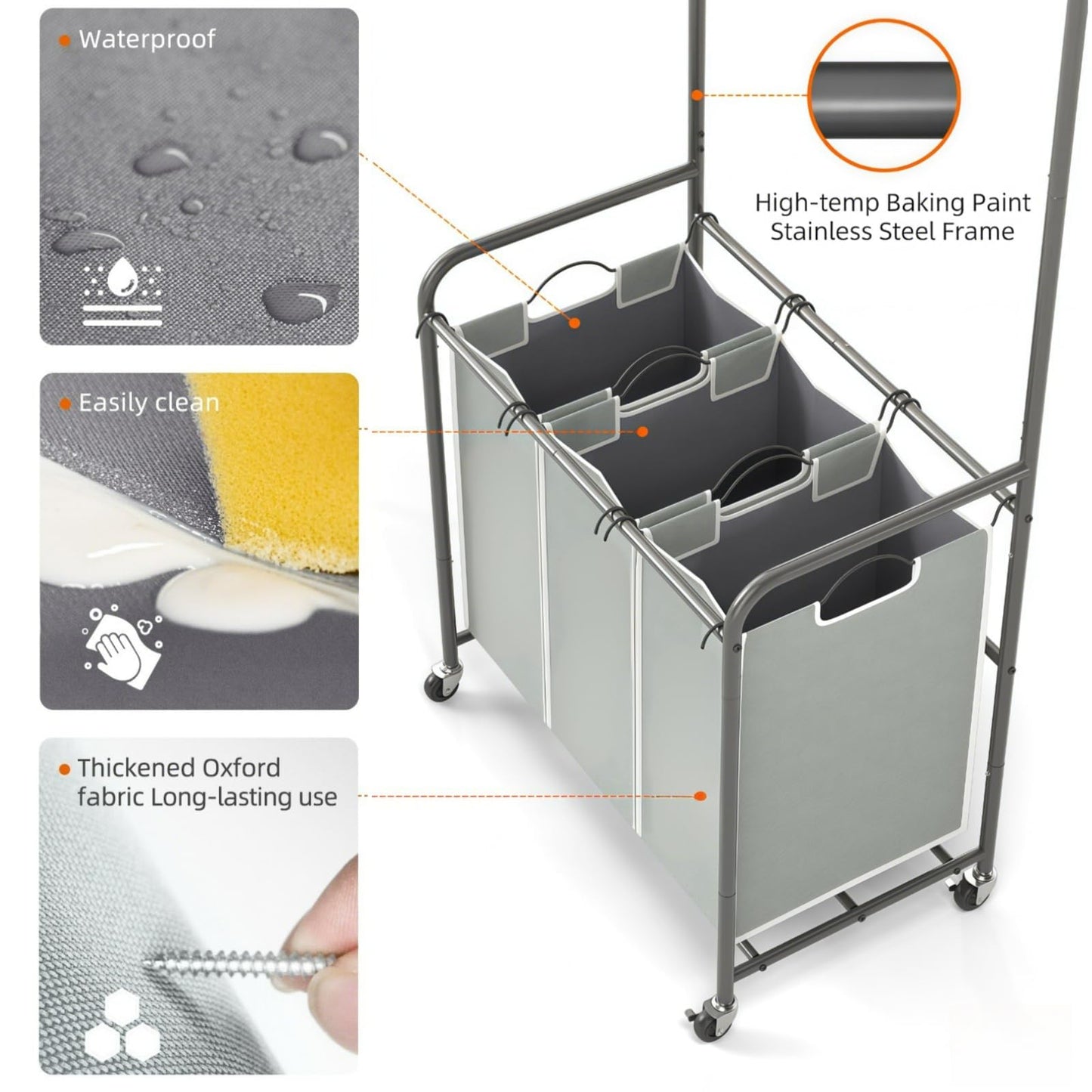 ROMOON Laundry Sorter Hamper with Hanging Bar, 3 Section Rolling Laundry Cart with Clothes Rack & Heavy-Duty Lockable Wheels, Divided Laundry Basket Organizer for Apartment & Small Spaces (135L Grey)
