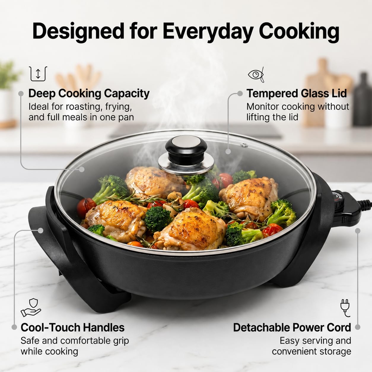 Moss & Stone Round Electric Skillet with Lid – 12x12 Inch Aluminum Nonstick Electric Frying Pan 5Qt, Adjustable Temperature Control, Vented Glass Lid, Dishwasher Safe, Heat-Resistant Handles