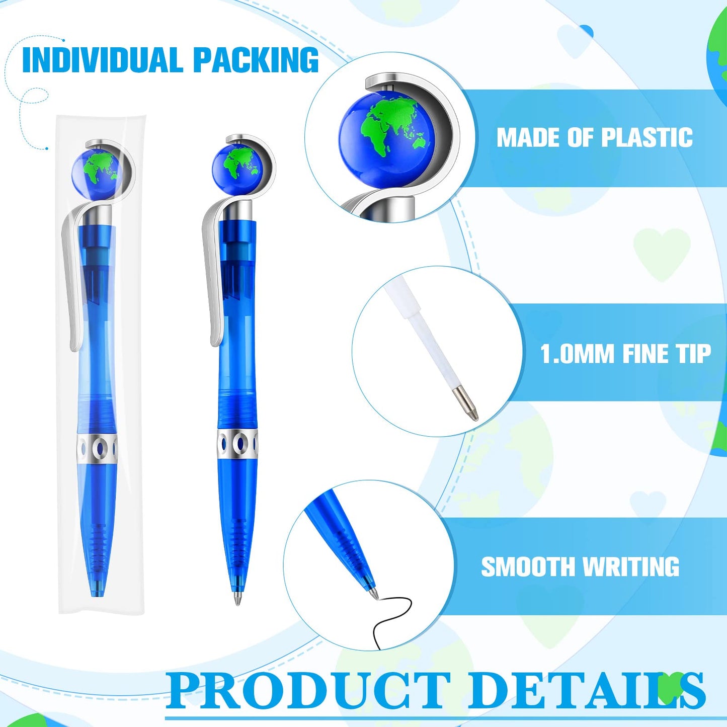 Teling 100 Pcs Earth Retractable Cute Globe Pens Bulk 1.0 mm Tellurion Shape Earth Day Black Ink World Ballpoint Pens for Adults Accessories Office Decoration Supplies