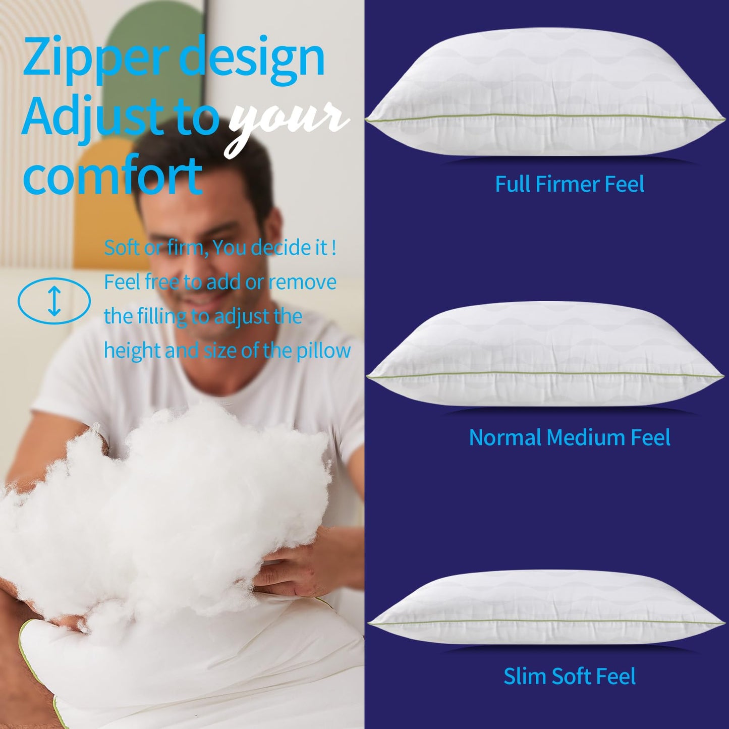 HKYLRAN Bed Pillows King Size Set of 2,for Sleeping, Adjustable King Pillows 2 Pack with Zipper, Cooling Hotel Quality with Premium Soft Down Alternative Fill