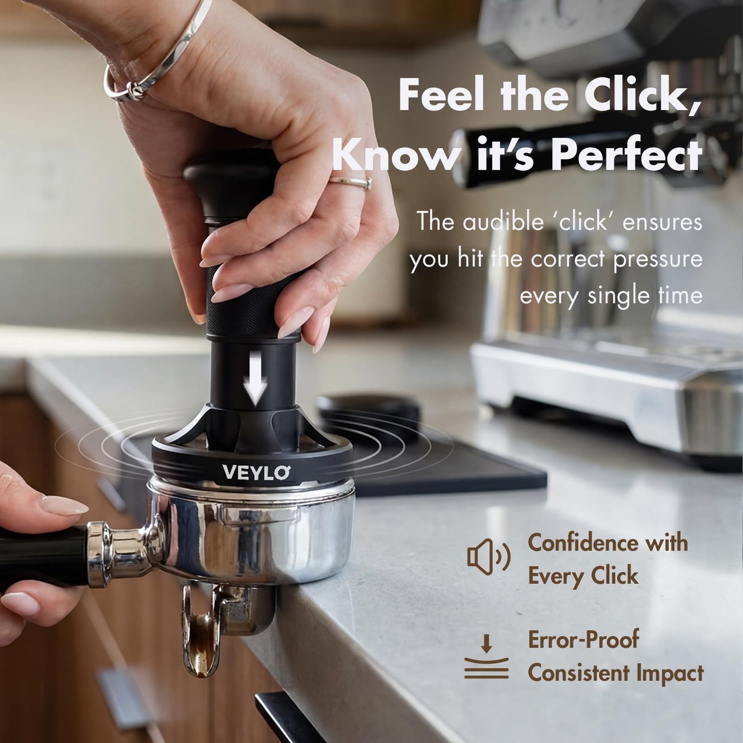 VEYLO 54mm Espresso Tamper (53.3mm Base), Adjustable 20-30 lb Coffee Tamper with Audible Click Feedback, 24-Click Precision Dial, 20/25/30 lb Marks, No Spring Swap, Stainless Steel Flat Base, Black