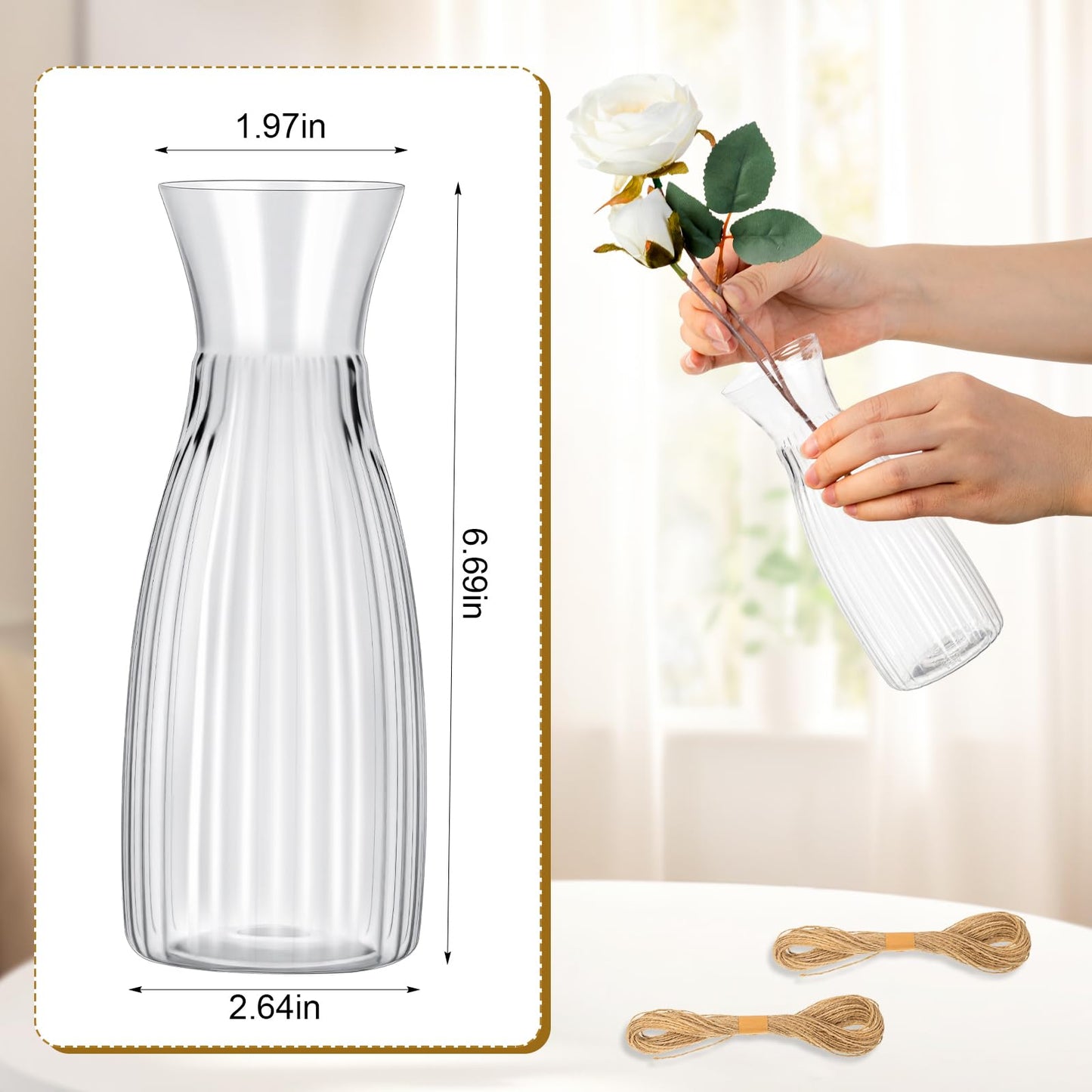 Ninehaoou 20 Pcs Plastic Flower Bud Vases Bulk with Twines Ropes Small Mini Flower Vases for Centerpieces Decorative Plastic Bottles for Wedding Reception Dining Table Home Decoration (Transparent)