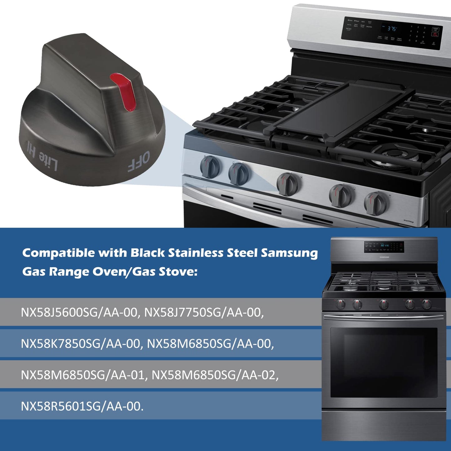 DG64-00473B Upgraded Samsung Stove Knobs Black Stainless Steel,Samsung Gas Stove knobs Oven knobs Replacements Compatible NX58M6850SG, NX58J7750SG, NX58J5600SG, NX58K7850SG (5Pack)