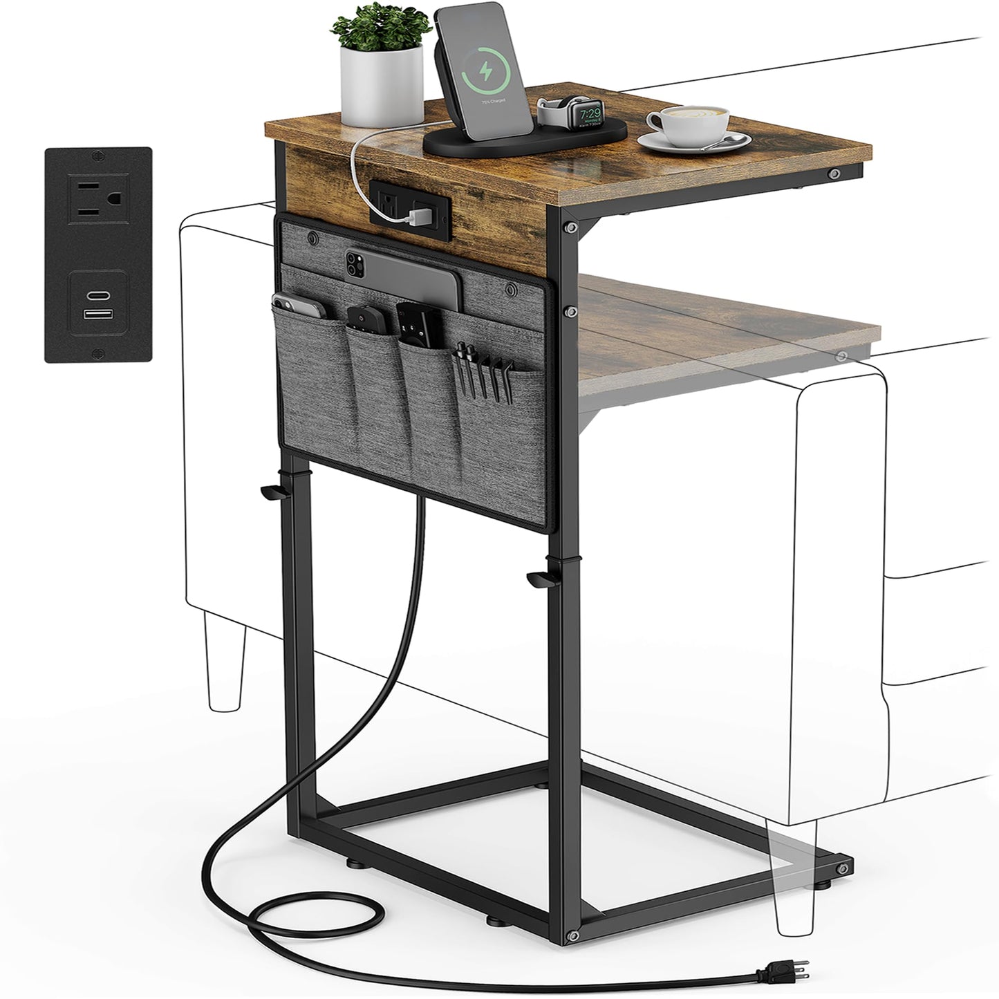 Vagusicc C Shaped End Table with Charging Station, 33" Tall Side Table for Couch, C Table End Table Adjustable Height Side Table TV Tray, Slide Under Sofa Couch Table for Living Room, Bedroom, Brown