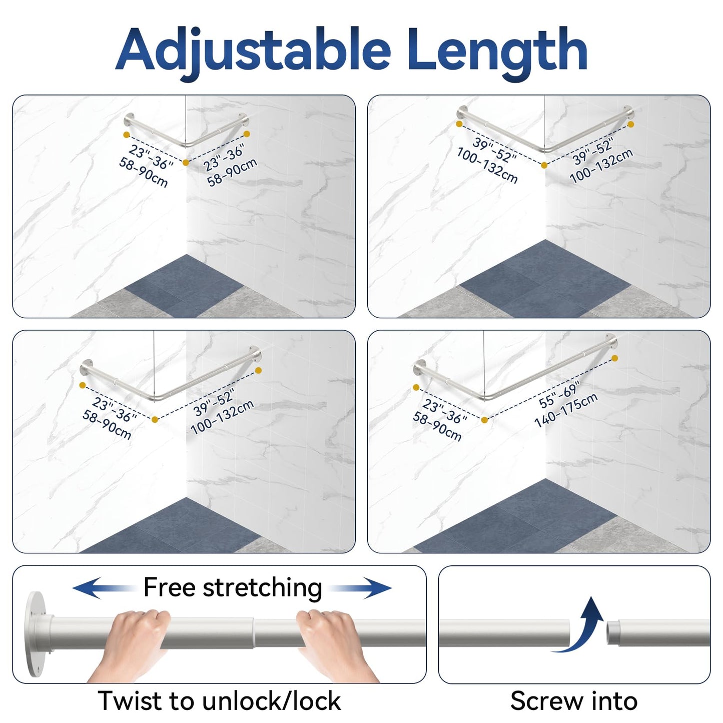 L Shaped Shower Curtain Rods, Adjustable (23''-69'' X 23''-69'') Corner Shower Rod with 12 Shower Curtain Rings, All 304 Stainless Steel, for Bathroom, Bathtub, Clothing Store, Need to Drill, Silver