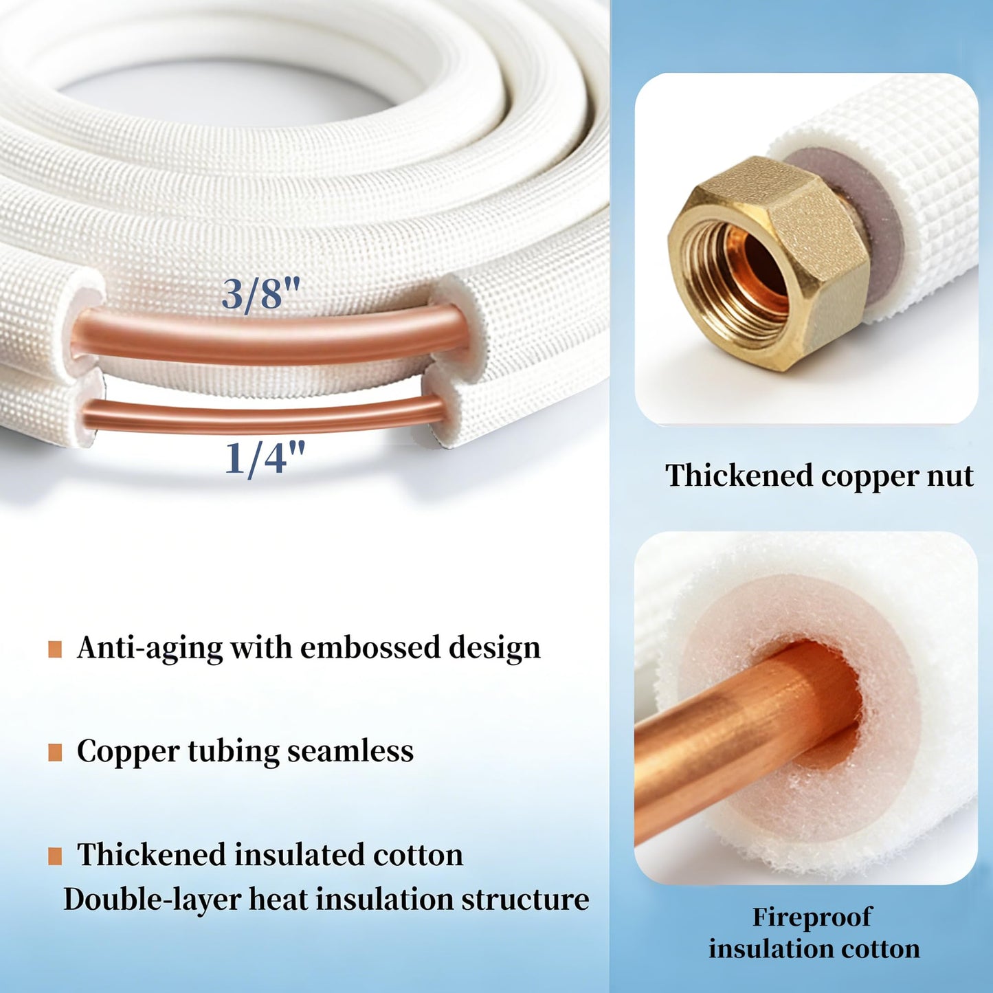 10 Ft Mini split Line set, 1/4"& 3/8" 0.D. Flared copper TubingPipes & 3/8" Thickened PE insulated Coil with Nuts &Installation Kit for Mini Split Air Conditioner & Heat System