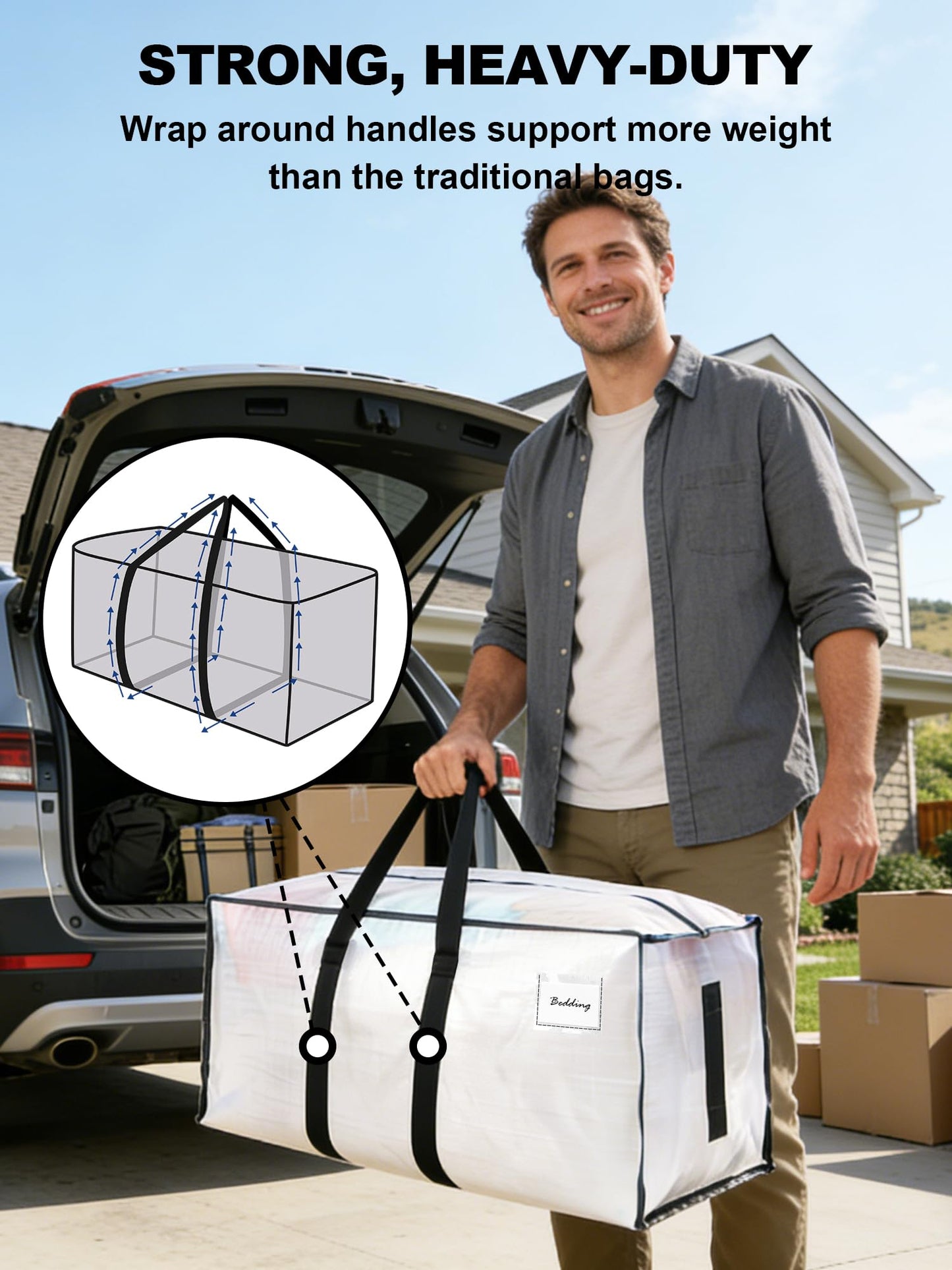 HOMESURE Supports 200lbs Heavy Duty Moving Bags - Strong Zipper & Wrap-Around Handles - Water-Resistant Storage Totes, Durable Alternative to Moving Boxes - 12 Pack - Semi-Transparent
