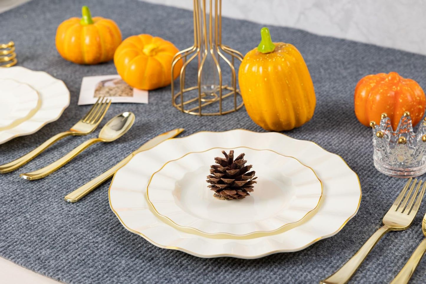 HIGH END 100 Pcs Ivory Wave Plastic Plates with Gold Trim, Fancy Disposable Plate Sets Include 50 Dinner & 50 Dessert Plastic Plates, Elegant Disposable Plate Set For Party, Thanksgiving (50 Guests)