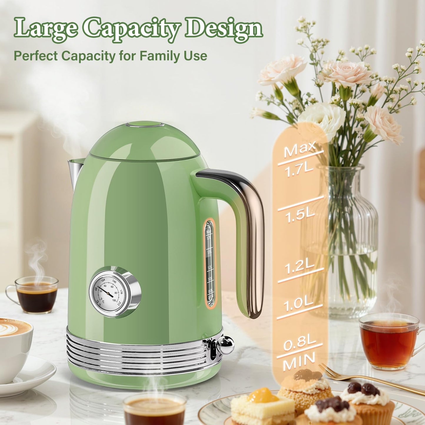 BlissWhisper 1.7L Electric Tea Kettle with Thermometer, 1500W Retro Stainless Steel Hot Water Kettle,Fast Boil Cordless Electric Kettle,Auto Shut-Off & Boil-Dry Protection
