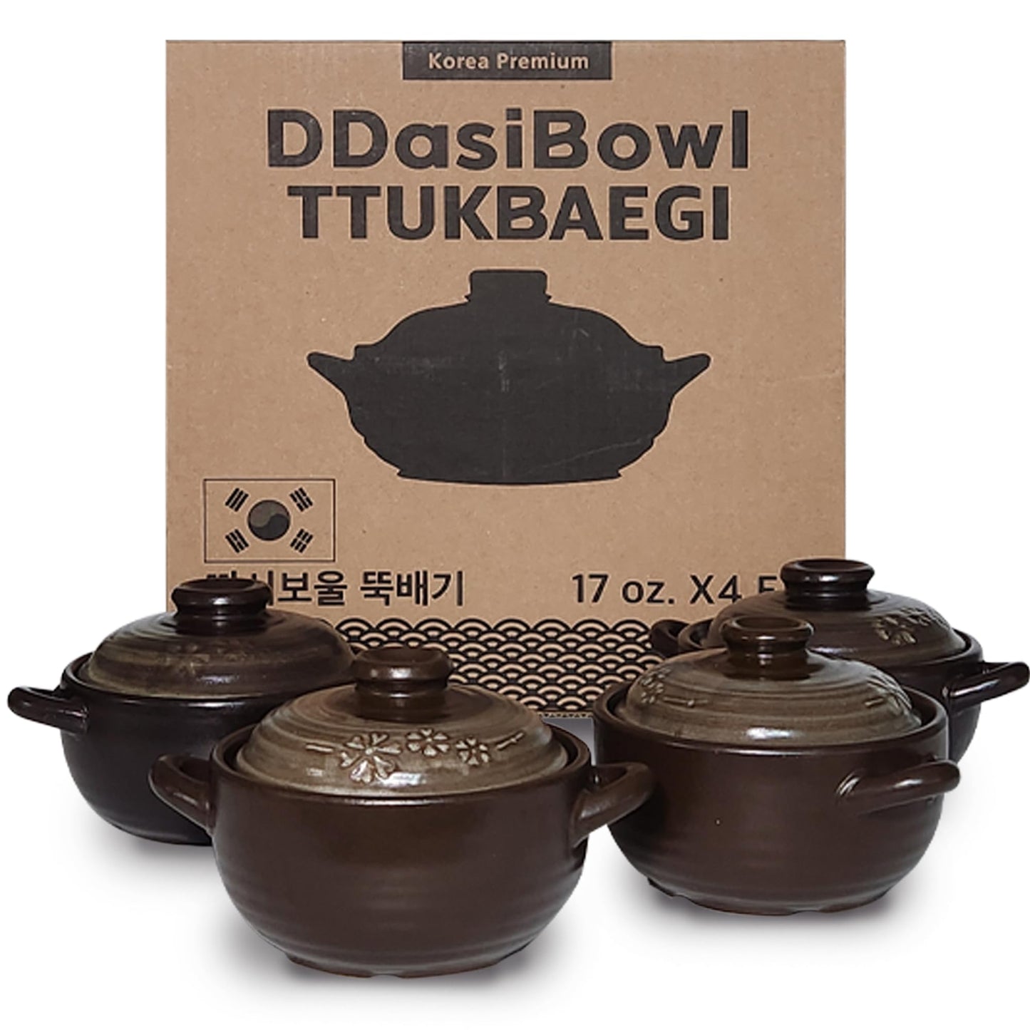 DDasiBowl – 4-Pack Korean Clay Pots (17oz / 500ml) with Lids & Handles – Ttukbaegi Stone Bowls for Cooking Bibimbap, Donabe Style Korean Clay Cookware – Oven & Stovetop Safe