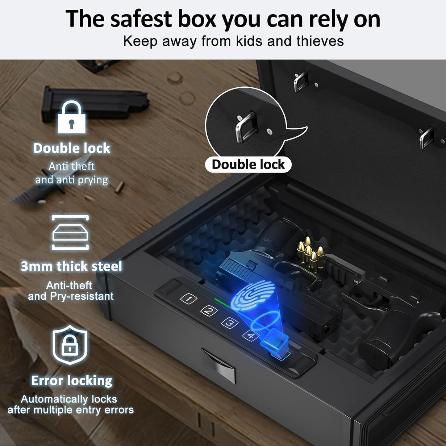 [ 20% Larger capacity ] Biometric gun safe with fingerprint lock box,Large pistol safes for handgun,nightstand hidden gun storage for bedside,quick access，ammunition storage security box for Home