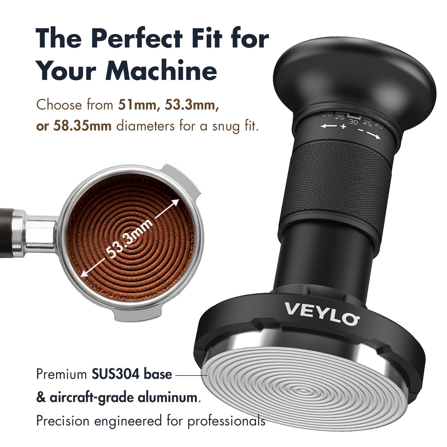 VEYLO 54mm Espresso Tamper (53.3mm Base), Adjustable 20-30 lb Coffee Tamper with Audible Click Feedback, 24-Click Precision Dial, 20/25/30 lb Marks, No Spring Swap, Stainless Steel Flat Base, Black