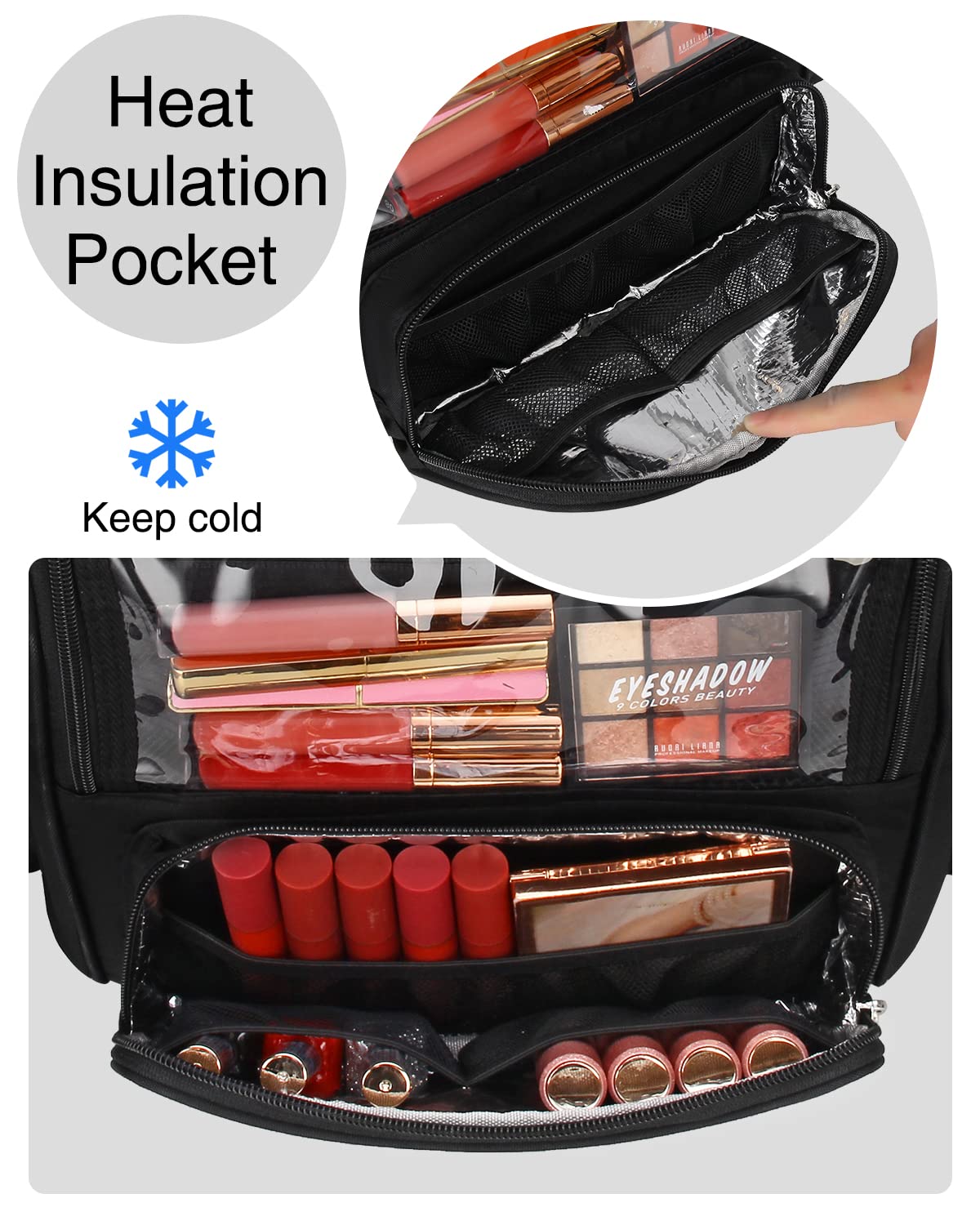 Makeup Brush Bag, Clear Makeup Brush Holder with Lid, Extra Large Capacity Travel Cosmetic Bag Makeup Artist Must Haves, Black Makeup Case, Make Up Organizers and Storage, with Adjustable Dividers