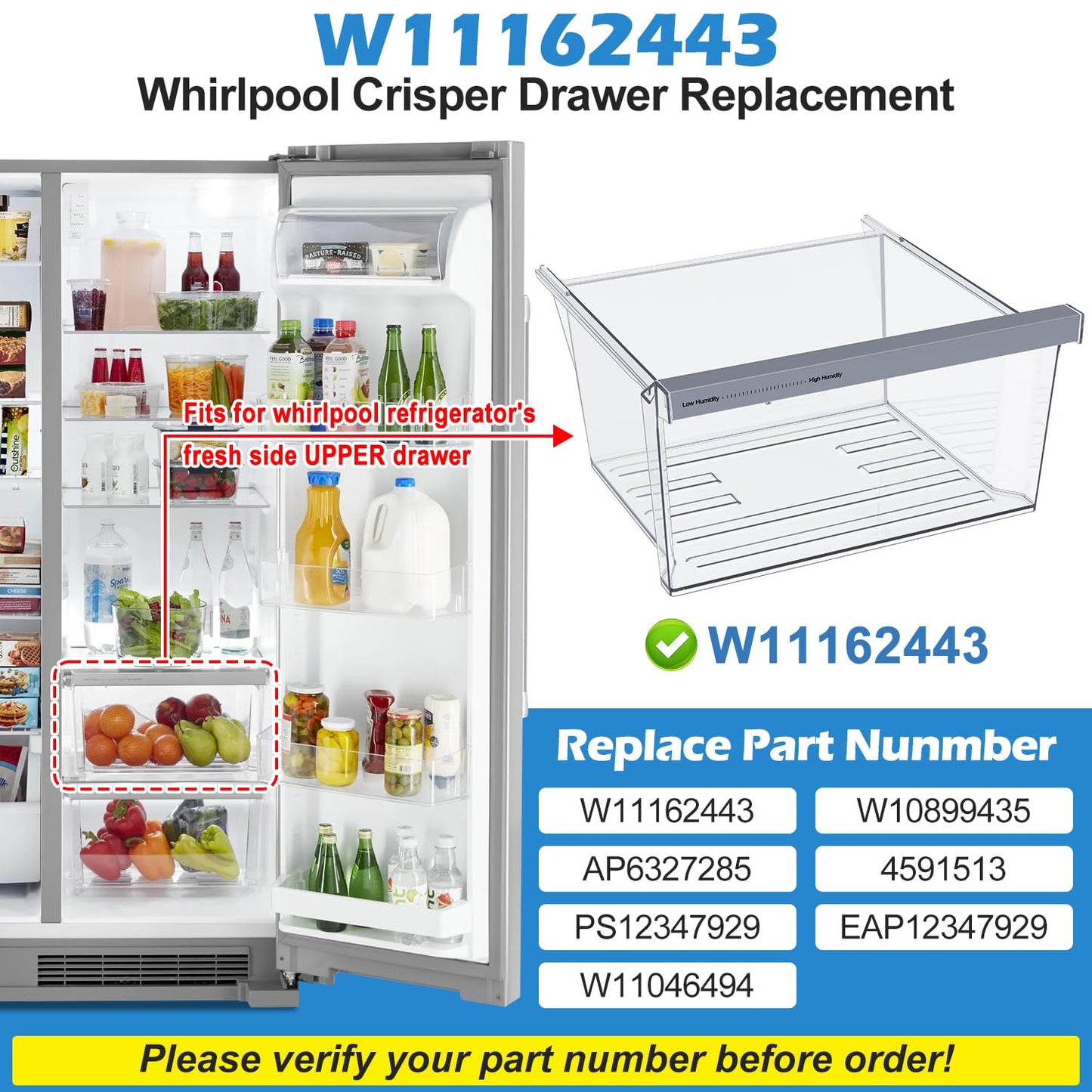 UPGRADED W11162443 Refrigerator Crisper Drawer For Whirlpool Crisper Drawer Replacement WRS325SDHZ WRS315SDHZ WRS315SDHM,Maytag Whirlpool WRS315SDHZ02 WRS315SDHZ05 WRS315SDHZ08 Fridge Drawer Parts