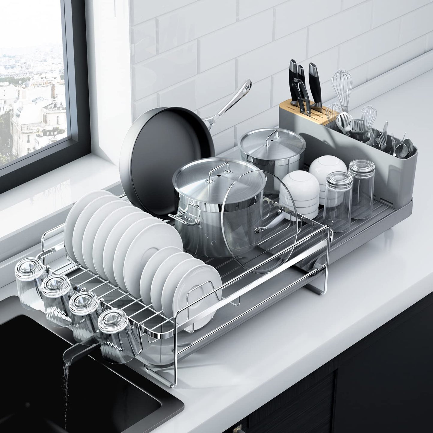 Kitsure Large Dish Drying Rack - Extendable Dish Rack, Multifunctional Dish Rack for Kitchen Counter, Anti-Rust Dish Drainers with Cutlery & Cup Holders 19.2"-26.7" L x 12.9" W, Sliver