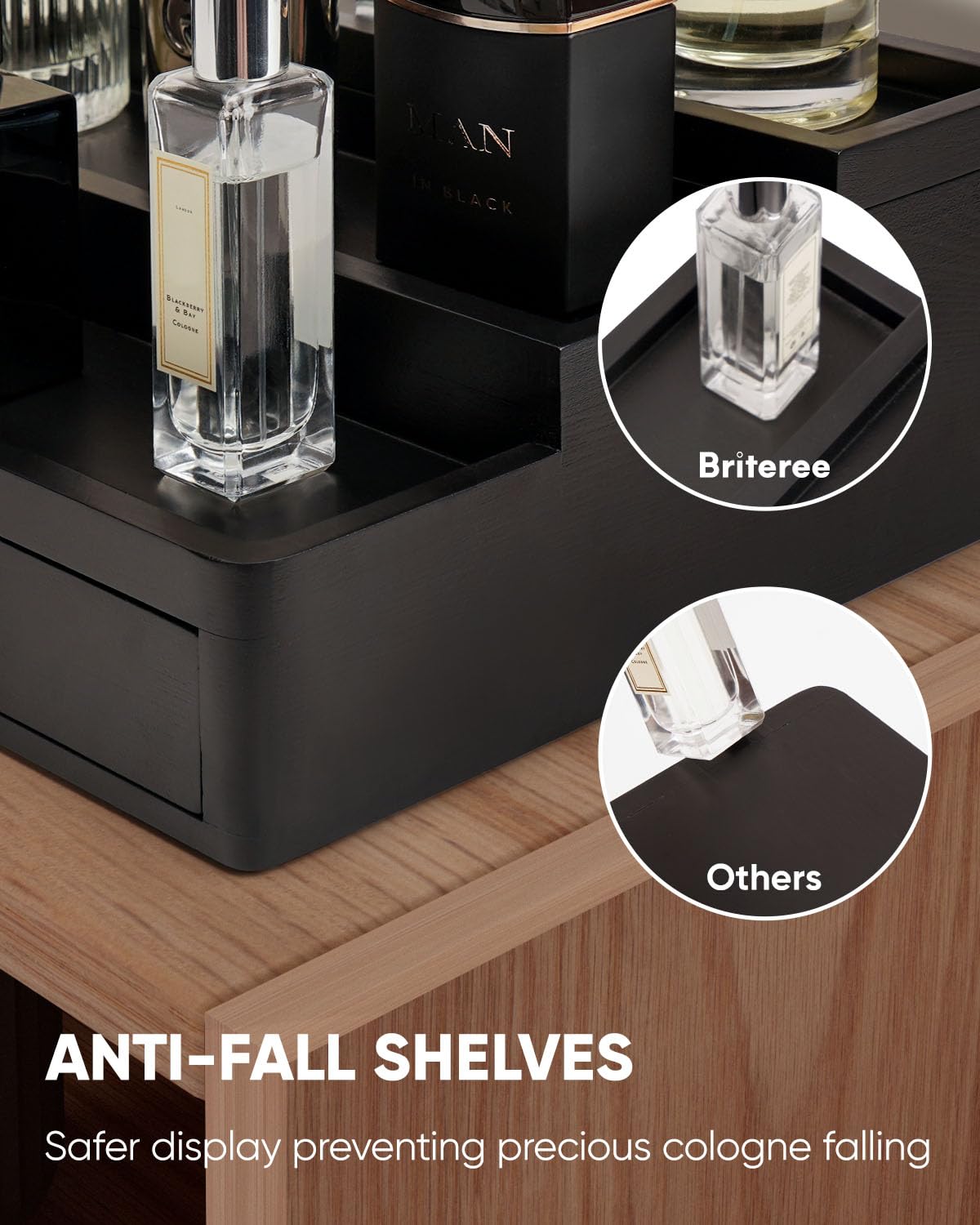 BRITEREE Cologne Organizer for Men, 3 Tier Wooden Cologne Stand with Drawer Storage and Hidden Compartment, Perfume Display Holder for Dresser, Great Gifts for Him Dad Fathers Day, Black