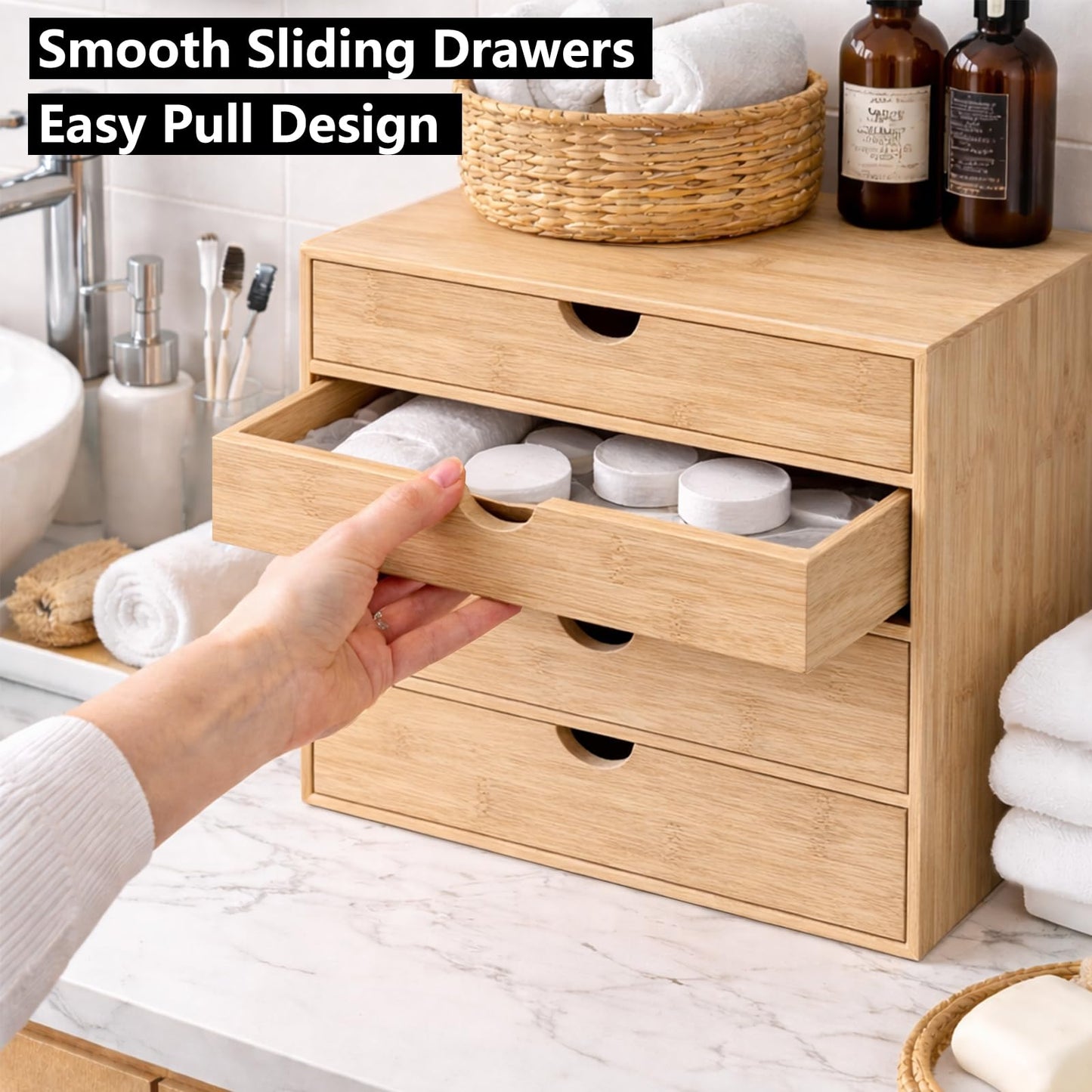 Neando Bamboo Desk Organizer with Drawers, 4-Tier Wooden Desk Organizer, Small Desktop Storage for Office Supplies, Makeup, Accessories, Space-Saving Organizer for Desk, Vanity & Home