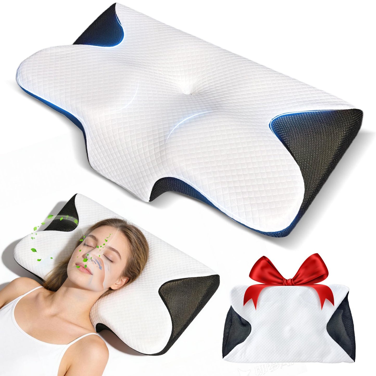 Keaolotay Cervical Neck Pillow for Sleeping Ergonomic Sleep Apnea Pillow with Memory Foam Neck Support Pillow for Back Side Stomach Sleepers with Pillowcase (Black)