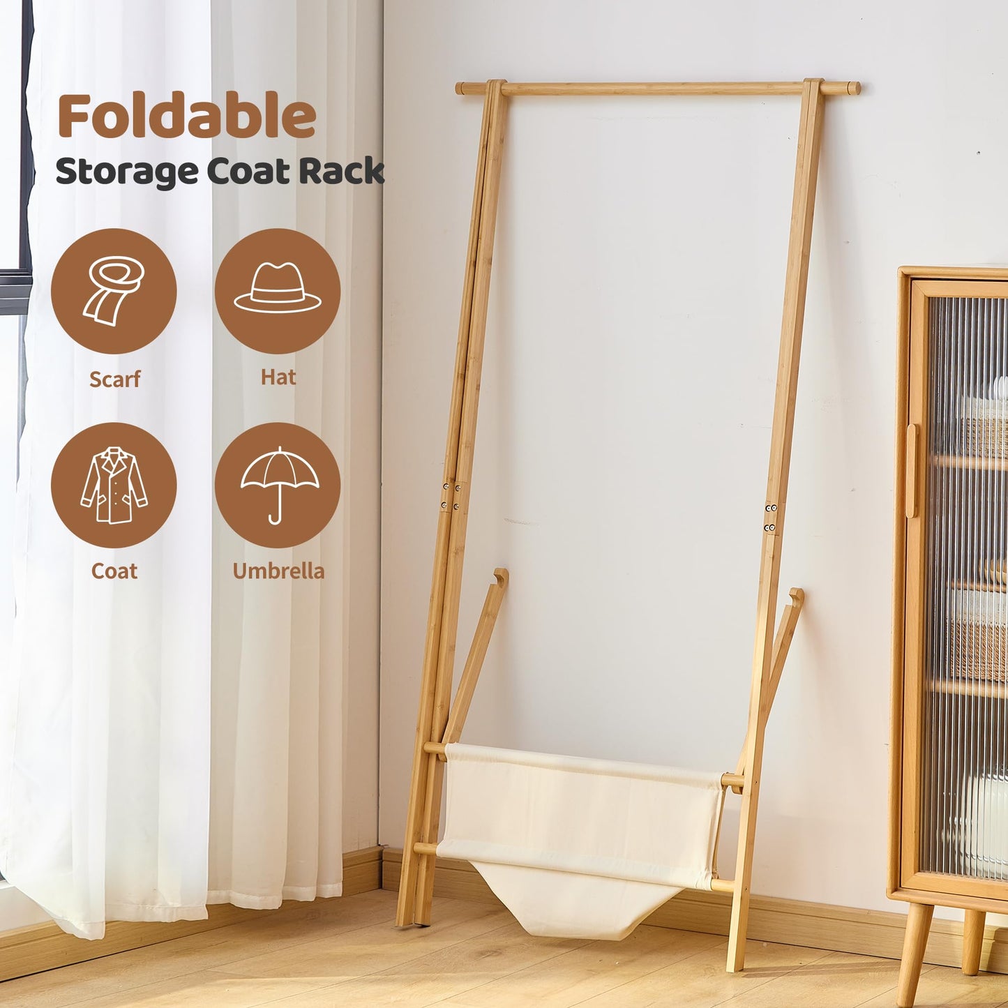 FILWH Bamboo Clothes Rack with Storage Box Foldable Garment Holder Coat Rack Freestanding Coat Stand Child Clothing Stand for Hanging Coat Dress up Racks (Natural, Large)
