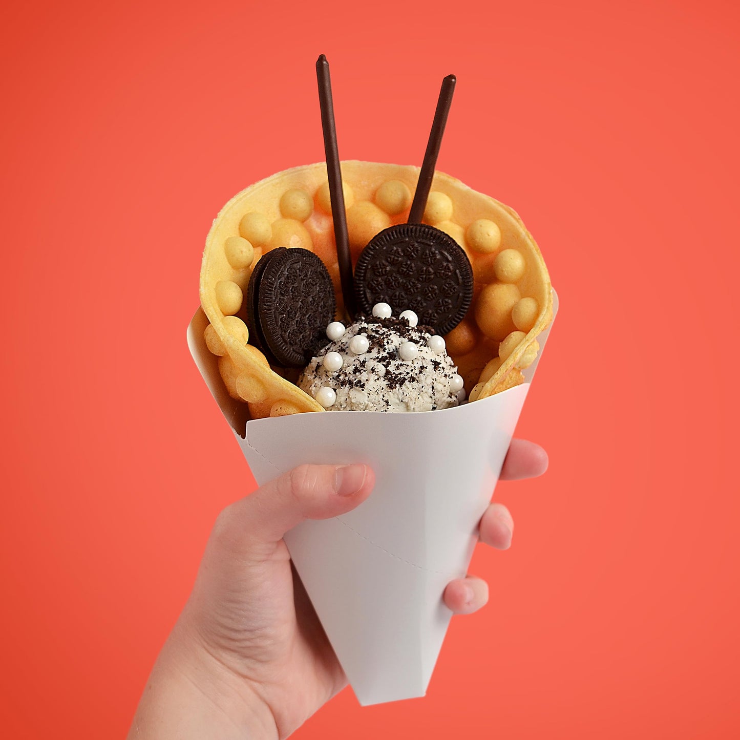 Disney Mickey Mouse Rotating Bubble Waffle Maker by Select Brands - Cute Waffle Maker - With Nonstick Plates & Metal Drip Tray - Makes Single Round Bubble Waffles - Paper Waffle Holders Included