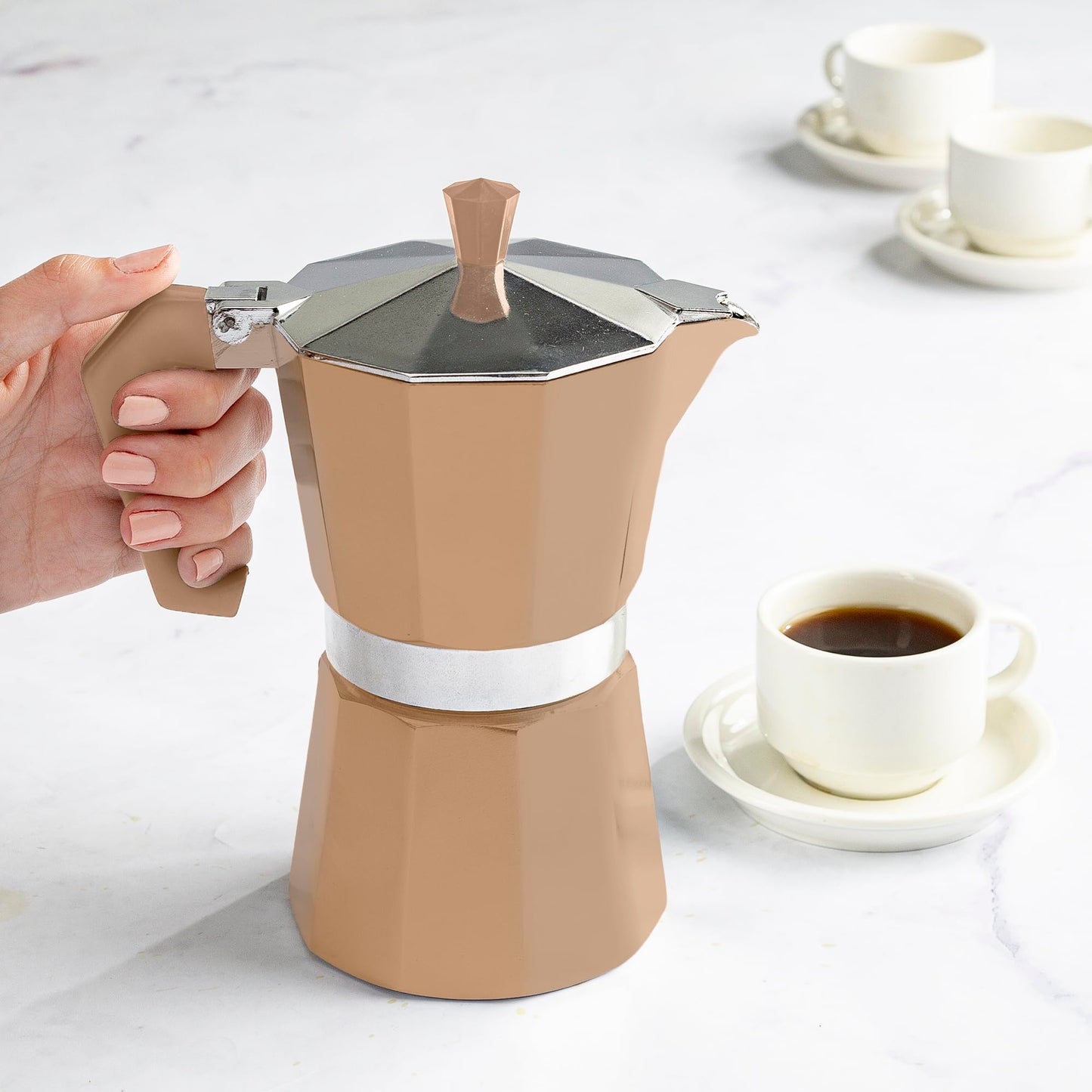 Primula Classic Moka Pot Stovetop Espresso and Coffee Maker, Italian and Cuban Cafetera for Rich Espresso Brewing, Durable Aluminum Greca Coffee Maker with Easy Grip Handle, 6-Cup, Caramel