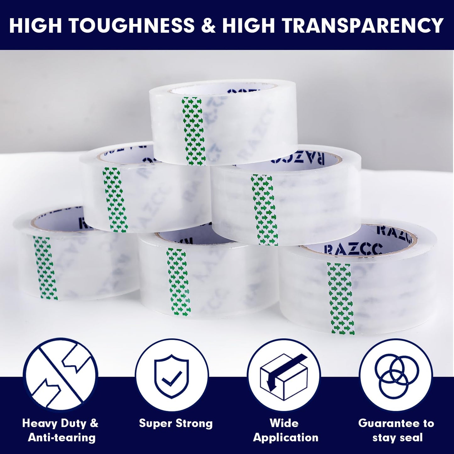 RAZCC Packing Tape, 36 Rolls Clear Heavy Duty Packaging Tape with Dispensers for Packing Shipping Moving Mailing, Thicker Sealing Tape - 1.88" x 65 Yard Per Roll, 2340 Total Yards