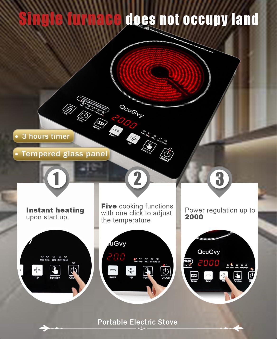 Portable Infrared Burner 2000W Electric Burner with 3 Hours Timer-Electric Hot Plate Touch Control Panel Adjustable Heating Power Glass Plate Electric Cooktop for Cooking (Black 2)