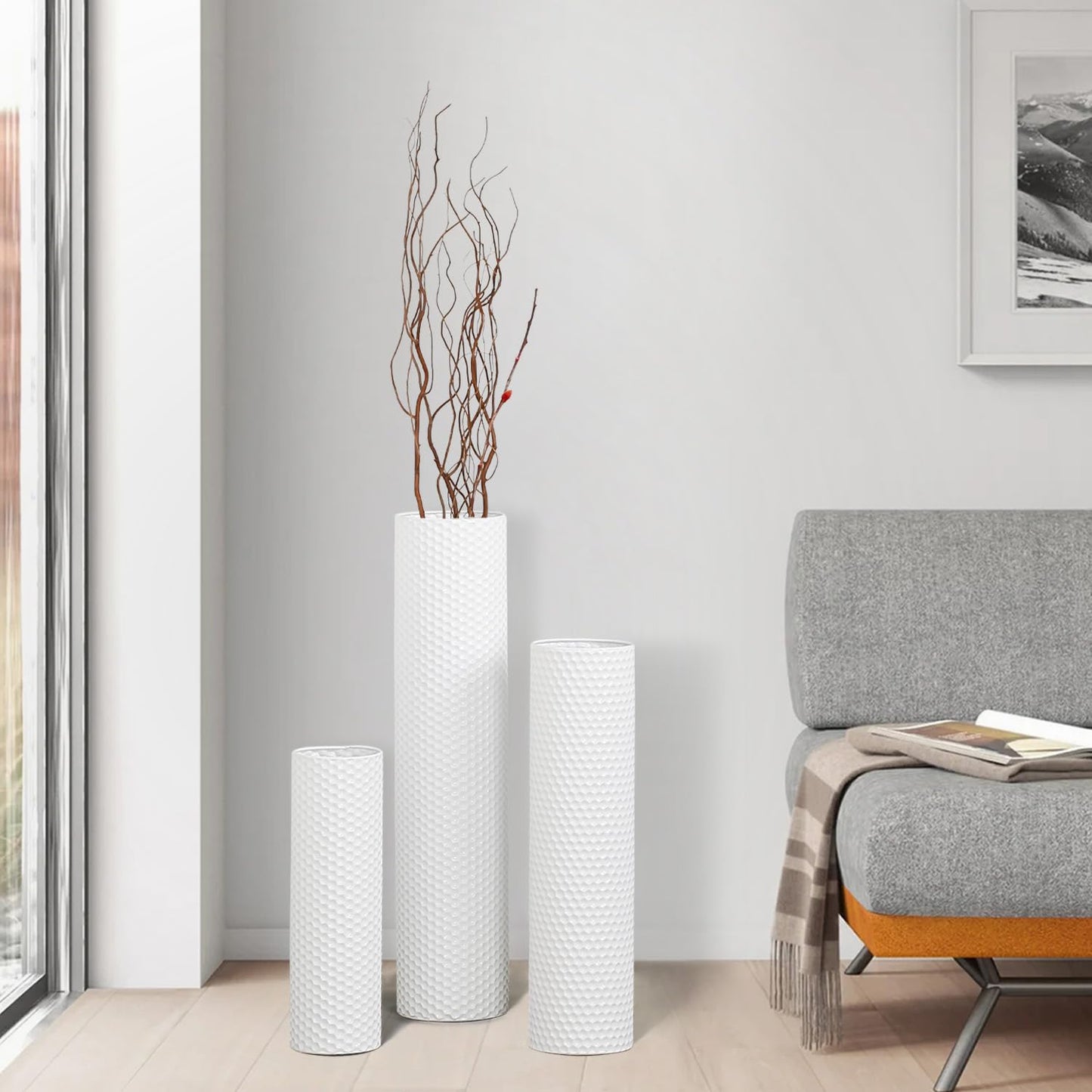Dnnnii Tall Floor Vases Set of 3 - White Metal Cylinder Vases for Living Room Corner, Modern Honeycomb Texture, Extra Large Standing Decor (Tallest 27.6in, Home Bedroom Dining Decor)