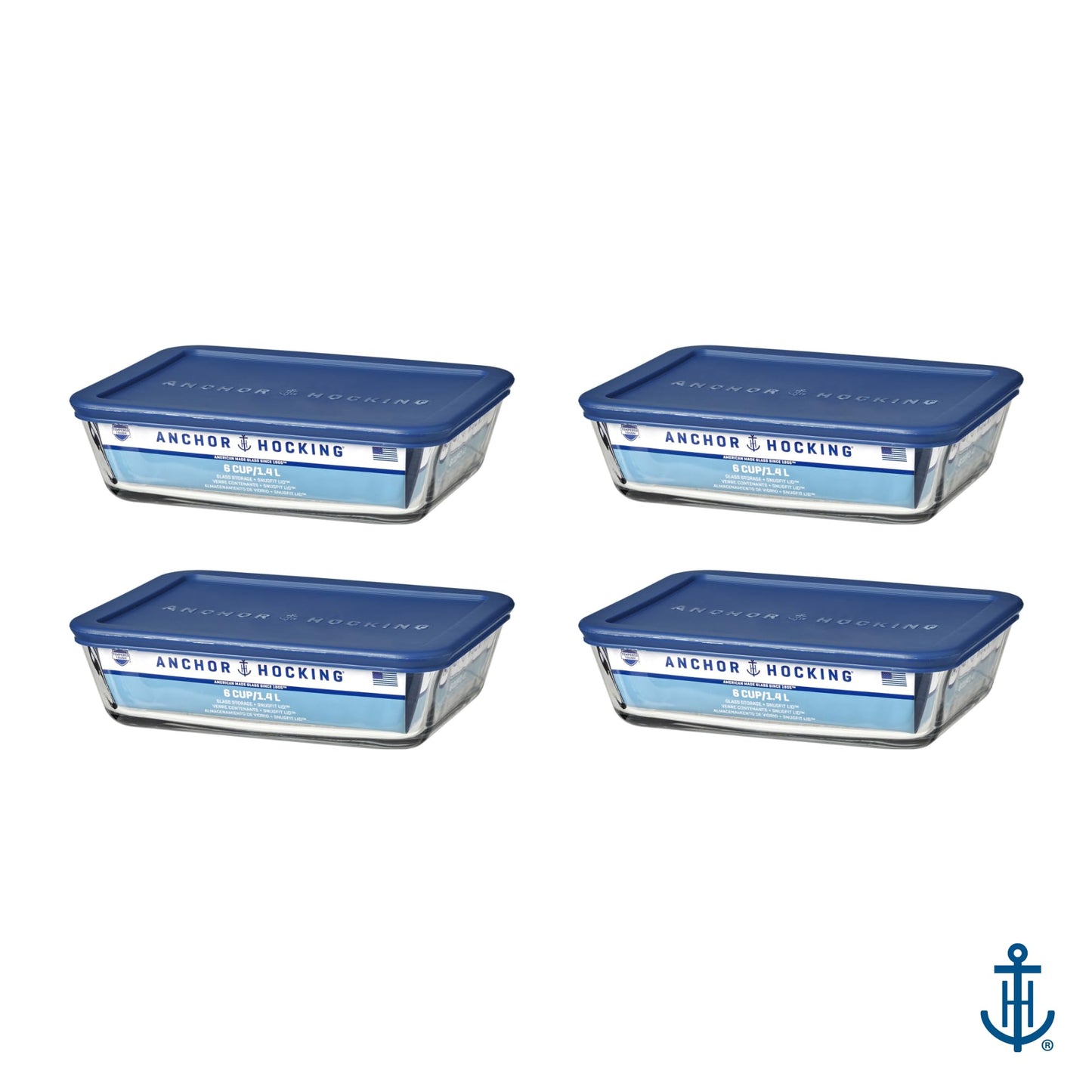 Anchor Hocking SnugFitTM Rectangular Food Storage Containers with Lids (4-Piece, 6-cup, Navy Blue, oven-safe)