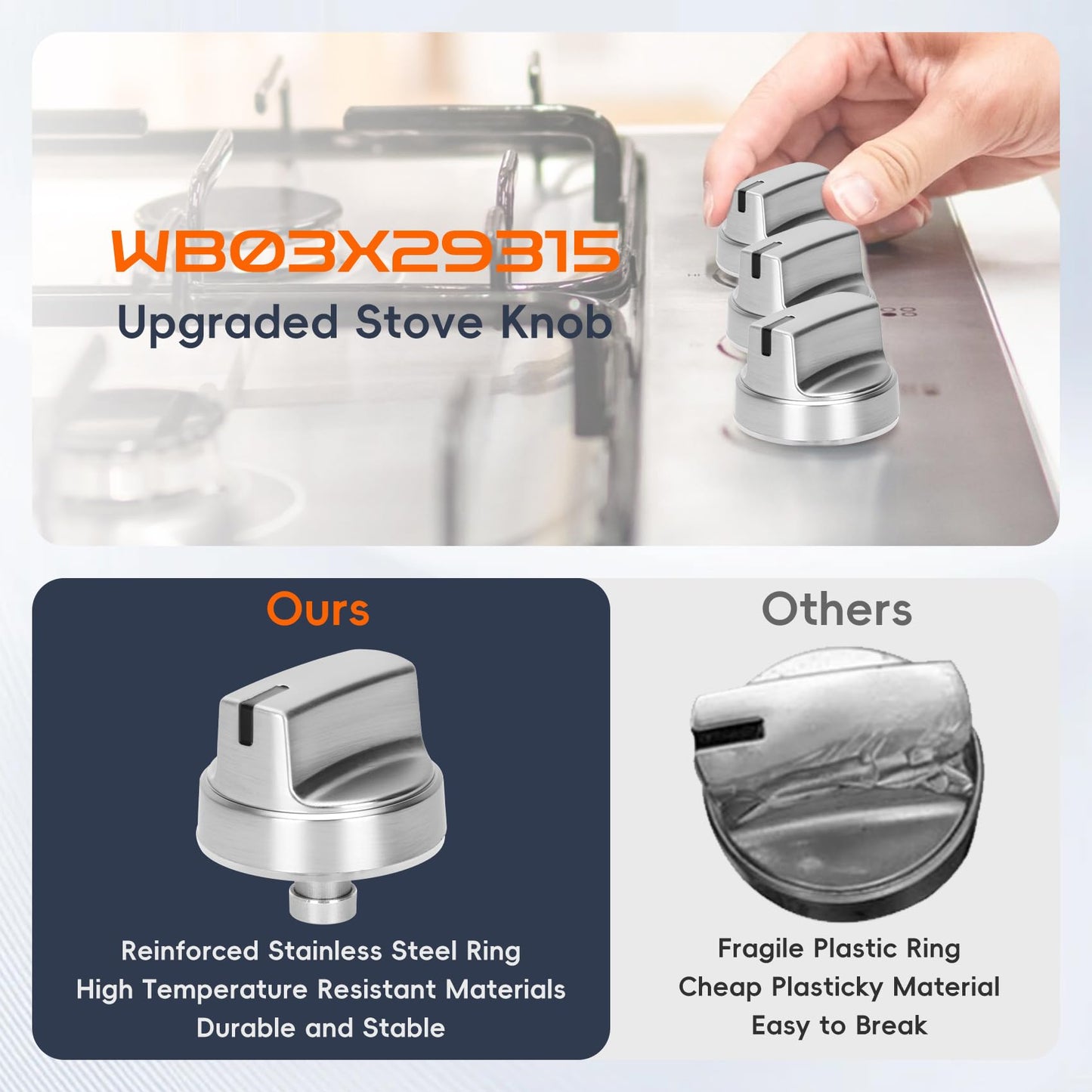 WB03X29315 Knob Fit for GE Stove Knobs Replacements (5 Pack), KIP 5U06 191D9233 Stove Knob for GE Gas Stove Knobs, Compatible with JGP5030SL1SS JGP5030SLSS JGP5036SL1SS JGP5036SLSS