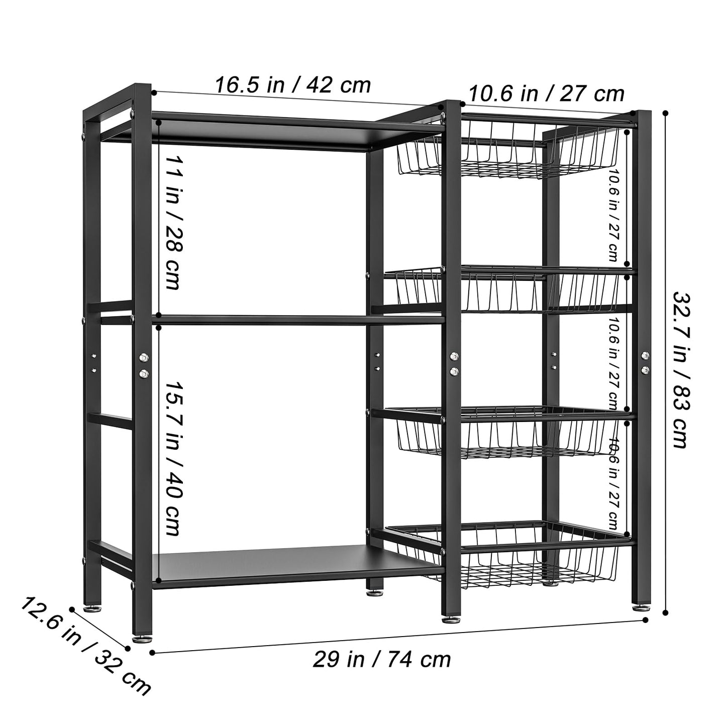 Hastatii Storage Rack Kitchen Baker's Rack - 3 Tiers 4 Baskets, Utility Coffee Bar, Air Fryer Stand with Steel Mesh Baskets