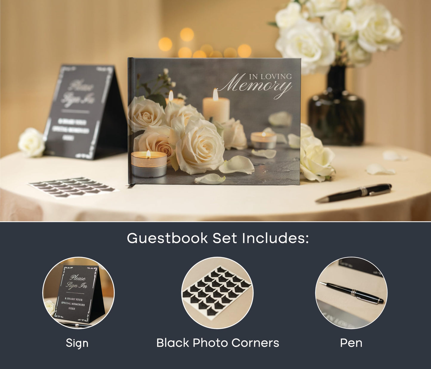 Modern Album Designs Rose Hardcover Funeral Guest Book - 9.5 x 7 Celebration of Life Guestbook for Memorial Service with 5x7 Paper Sign, Pen, Black Photo Corner Stickers