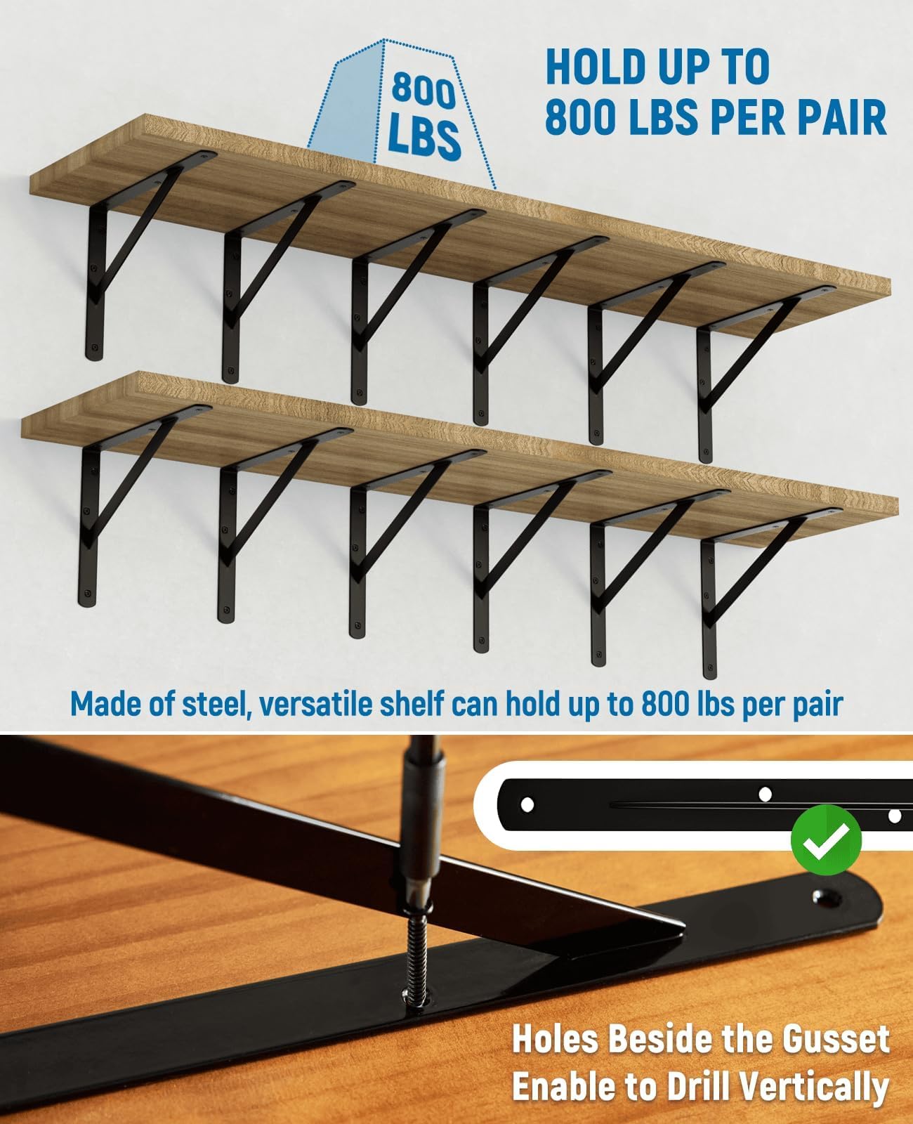 8-Pack 18 Inch Heavy Duty Shelf Brackets, Large Floating Wall Bracket for Garage Storage Shelves, Black Powder-Coated Finish, Load Capacity 800lbs