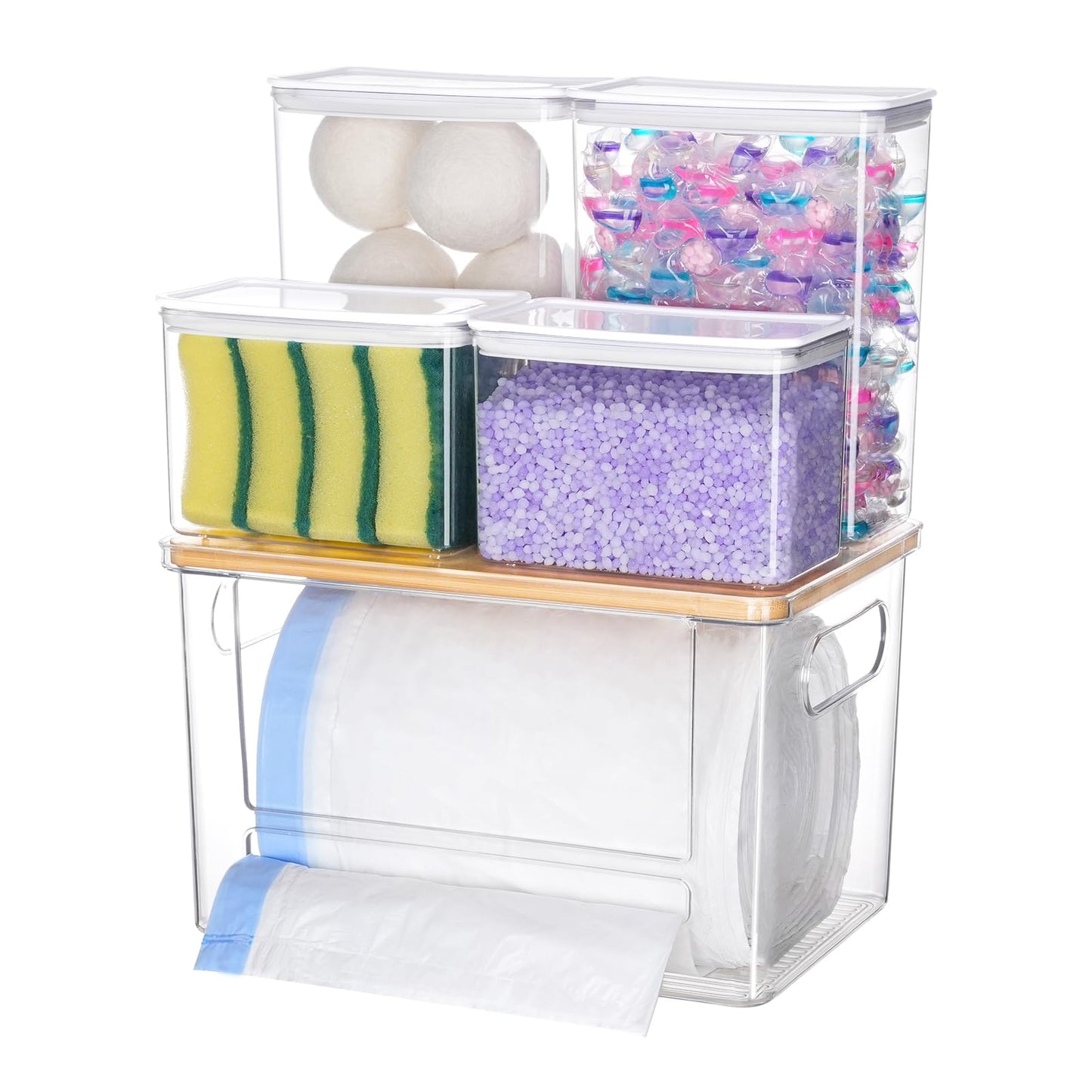 iCASA Trash Bag Dispenser Dishwasher Pods Container, 5 in 1 Garbage Bags Holder Under Sink Organizer Acrylic Laundry Pod Detergent Powder Container, Kitchen Pantry Laundry Room Organization Storage