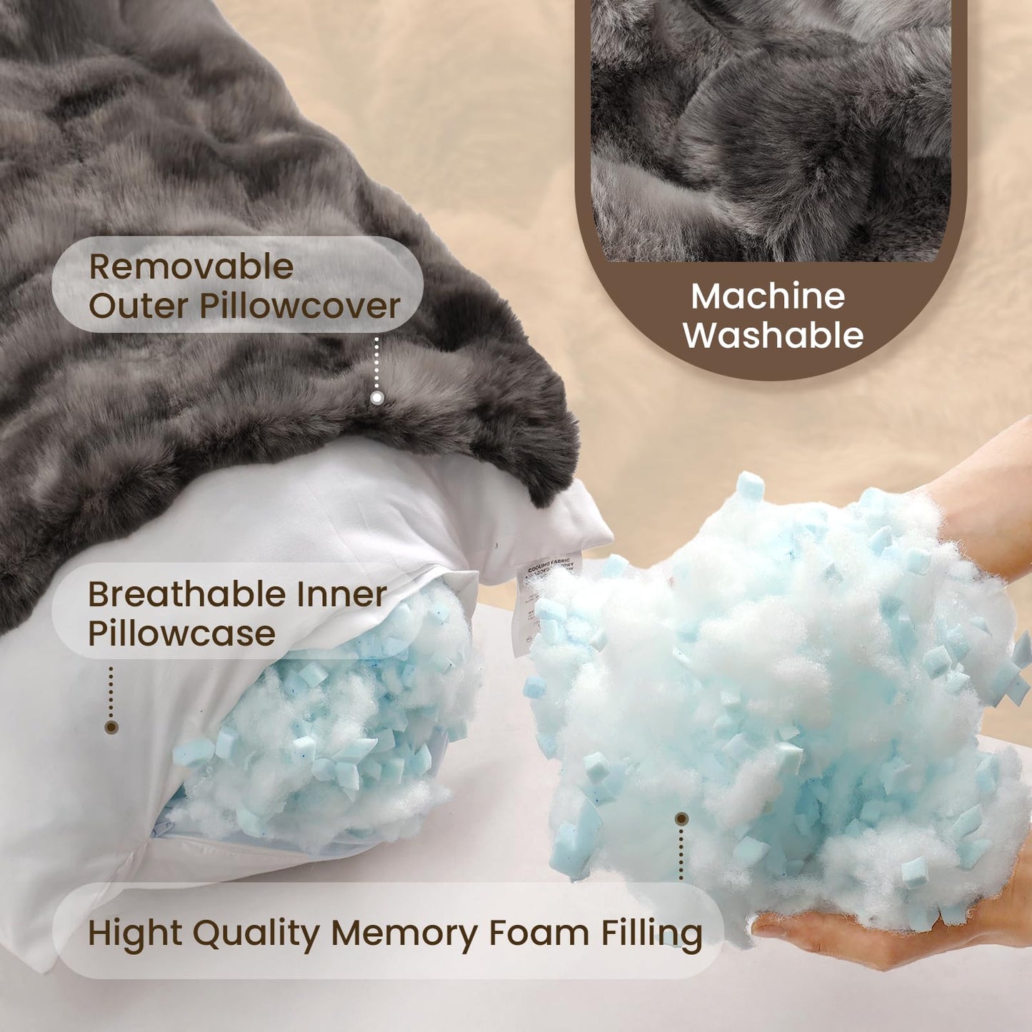 ZonLi Fluffy Body Pillow for Adults, Fuzzy Faux Fur Body Pillow with Shredded Memory Foam, Adjustable Support for Side Sleepers, Pregnancy & Bedding Decor, Gifts, 20 x 54 Inch, Grey
