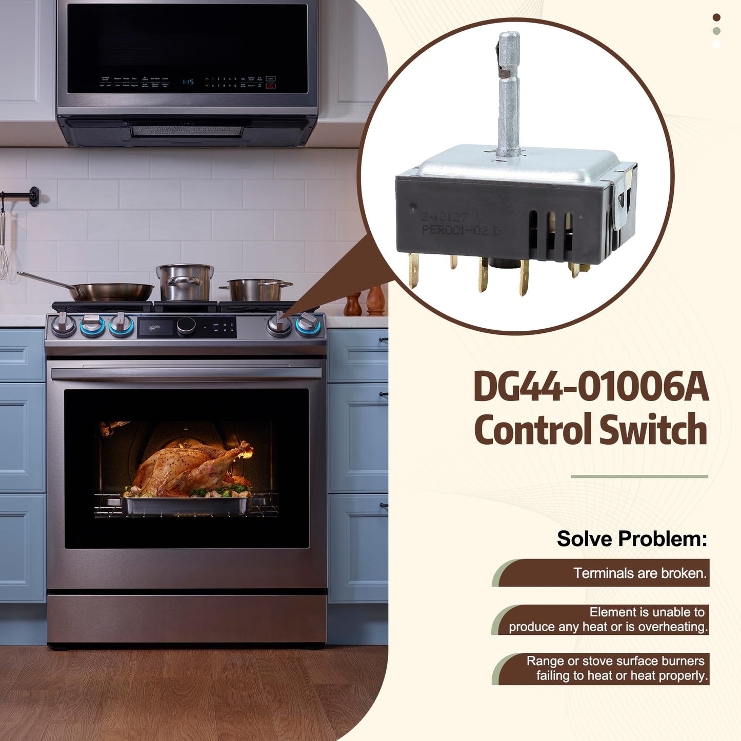 DG44-01006A Range Surface Element Switch DG44-01006A PER001-12 D Control Switch Replaces Parts: PER001-02 D, NE58F9500SS, 3282716, AP5800762, PS8764900, EAP8764900 Compatible with Samsung
