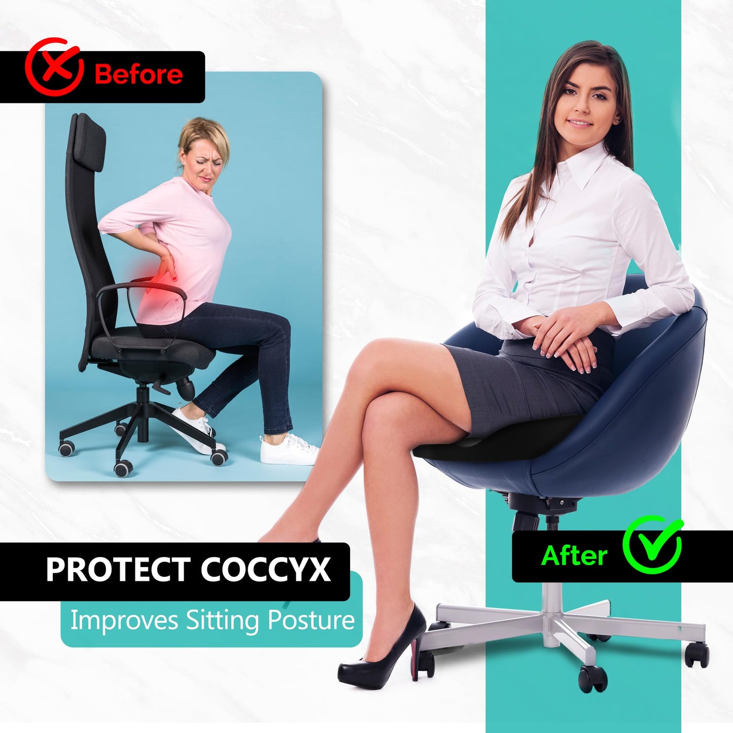 Comfidur Seat Cushion - High-Density Charcoal Memory Foam Office Chair Cushion with Adjustable Strap & Washable Non-Slip Cover | Supports Sitting Posture for Office, Car & Home