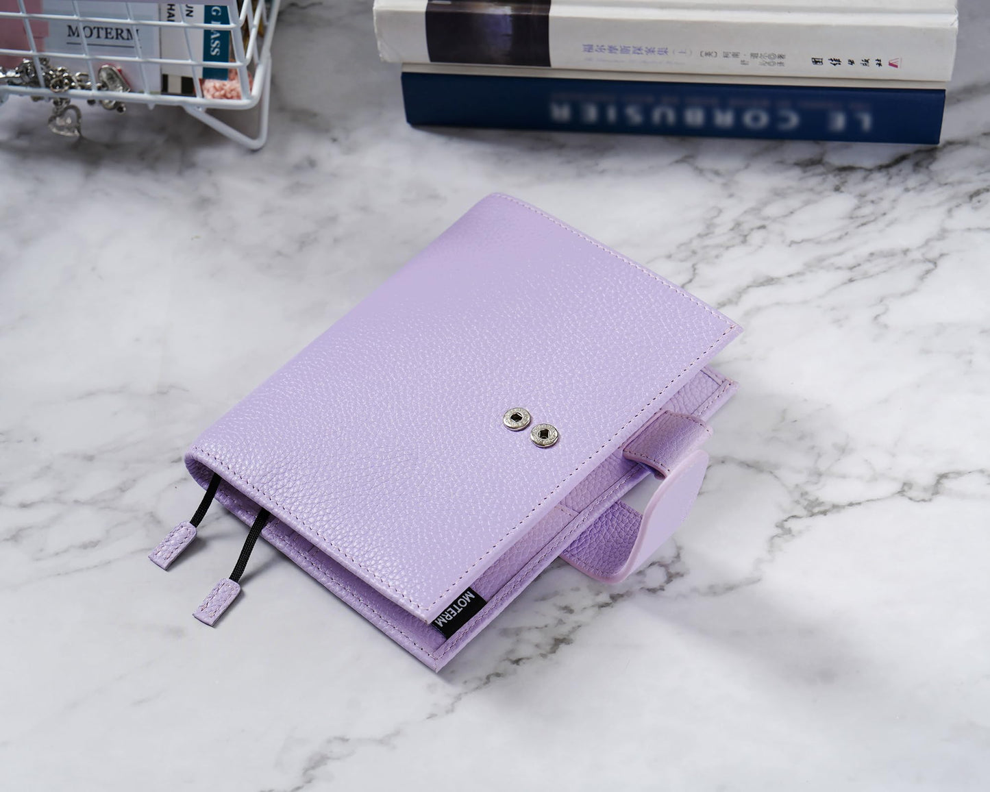 Moterm Leather Cover for A6 Notebooks - Fits Hobonichi Original, Stalogy and Midori MD Planners, with Pen Loop, Card Slots and Back Pocket (Pebbled-Lavender, A6+)